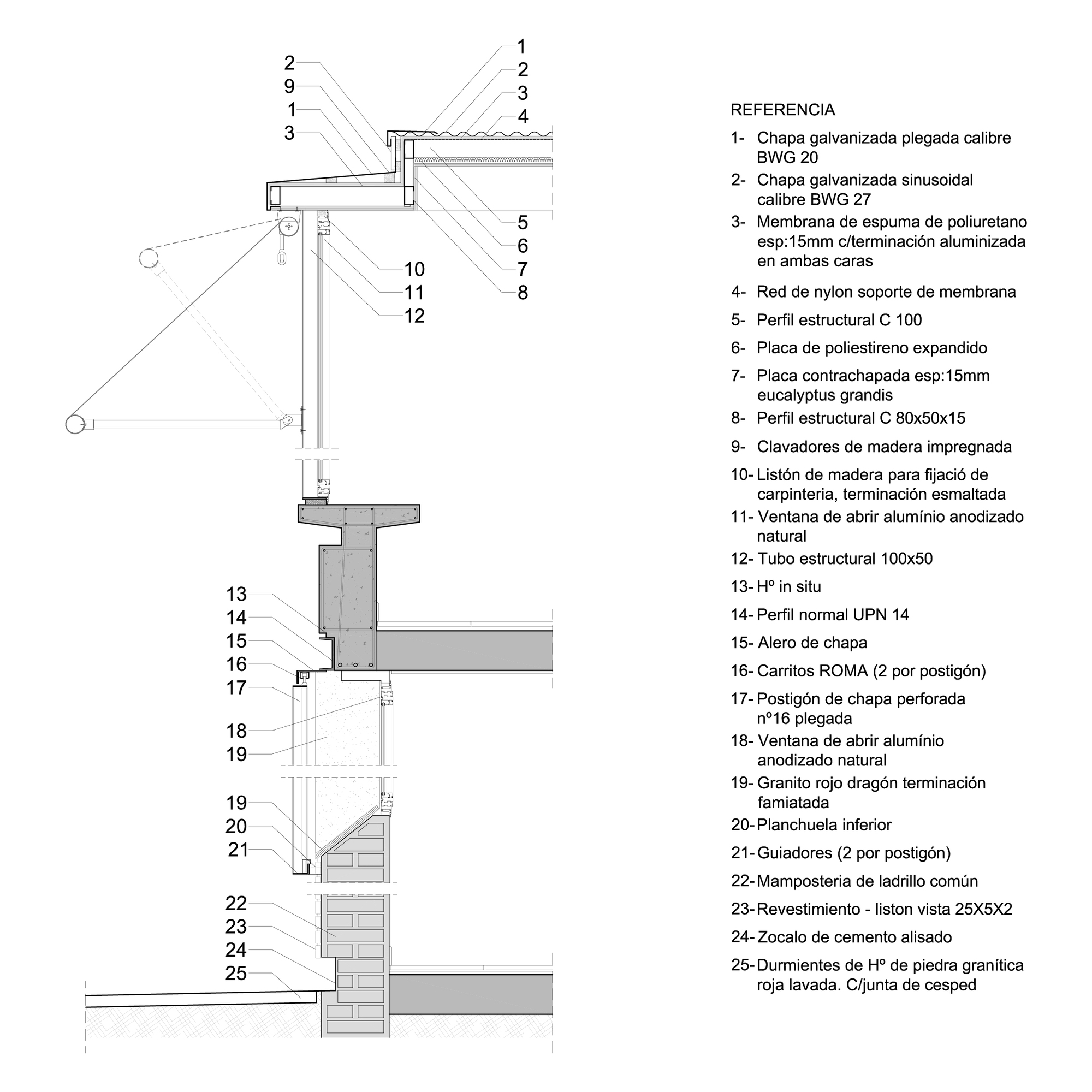 Wall section detail with corrugated metal roofing, window opening and multi-layer facade construction