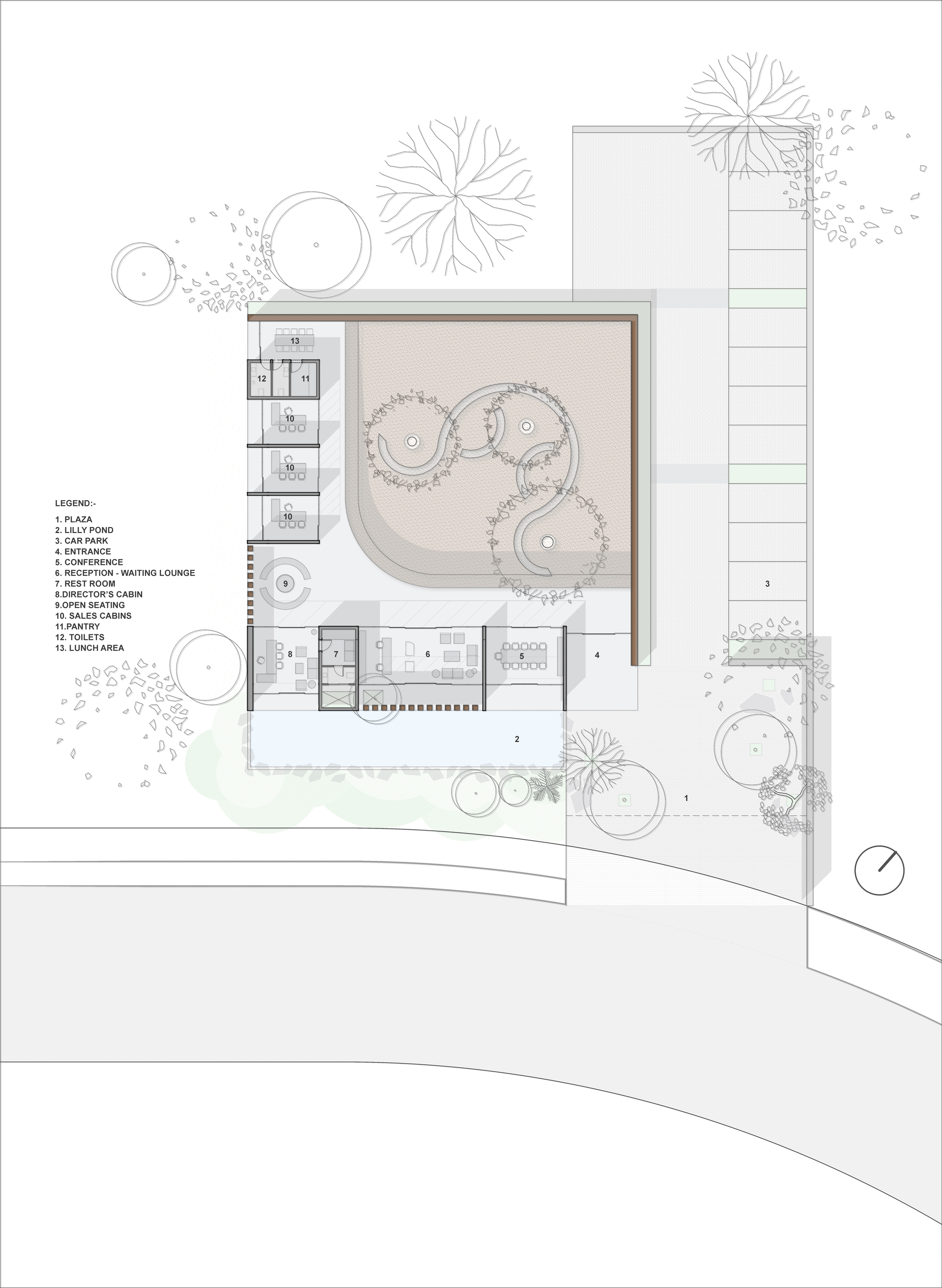 Site plan drawing showing rectangular building footprint with three curved courtyard volumes surrounded by landscaping