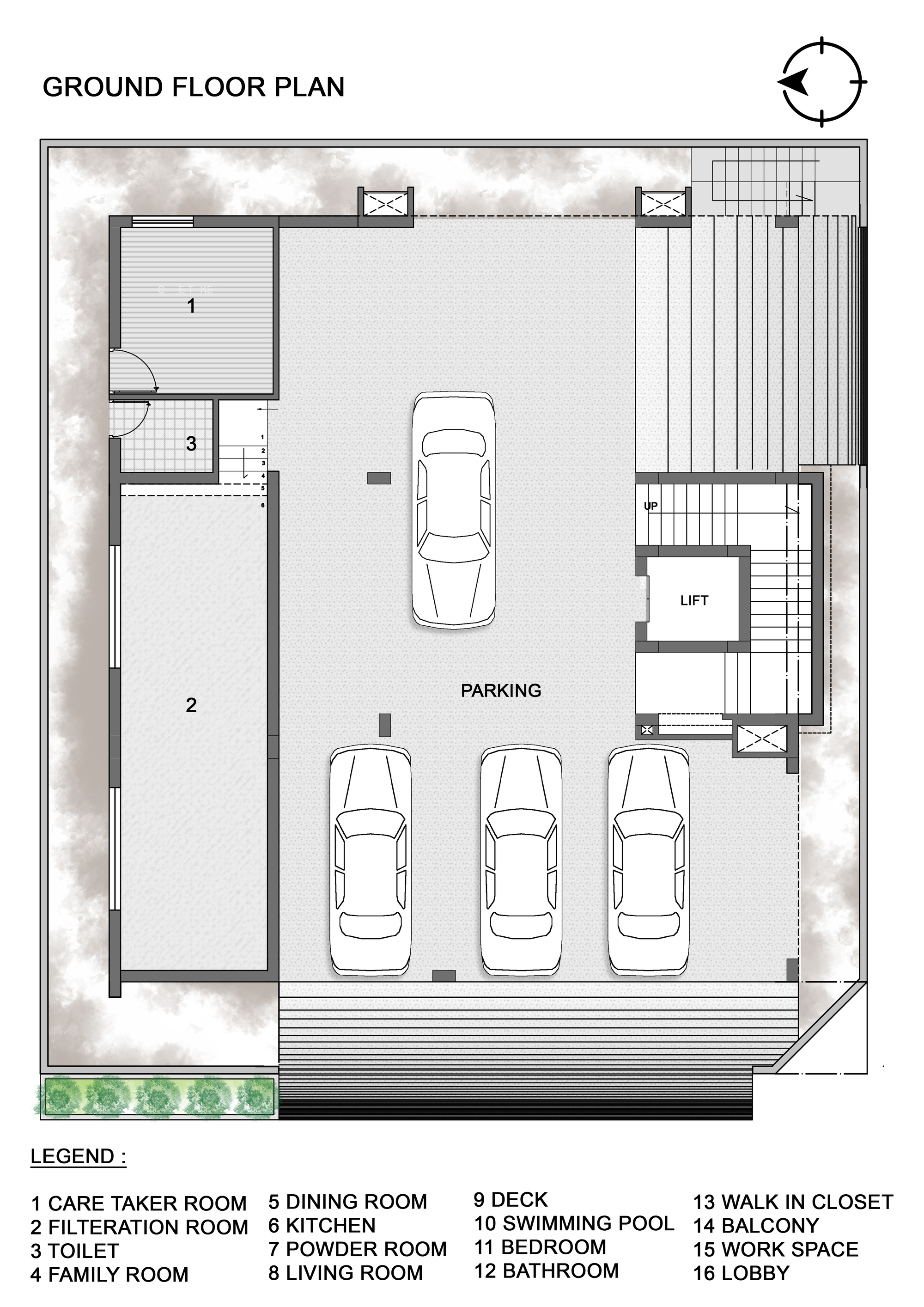 Ground floor plan showing parking for four vehicles with lift and stair access to upper levels
