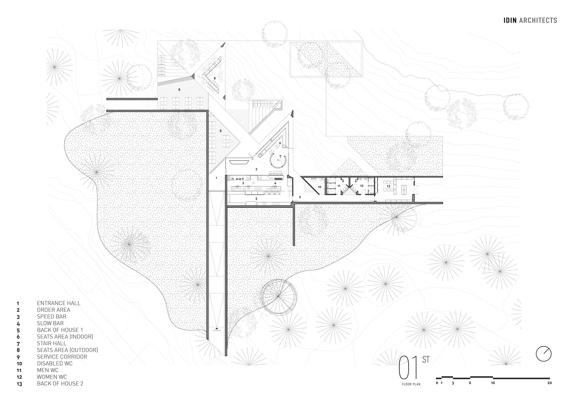 Floor plan drawing showing elongated bar layout with surrounding landscape and tree canopies