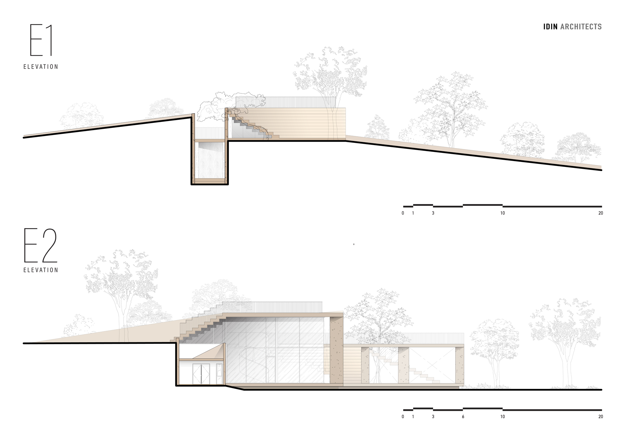 Elevation drawings showing the structure embedded in sloping terrain with trees in the background
