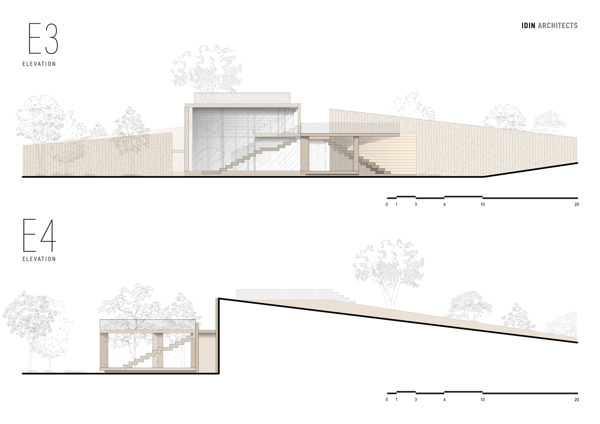 Elevation drawings depicting volumes with horizontal cladding on sloped ground and scattered trees