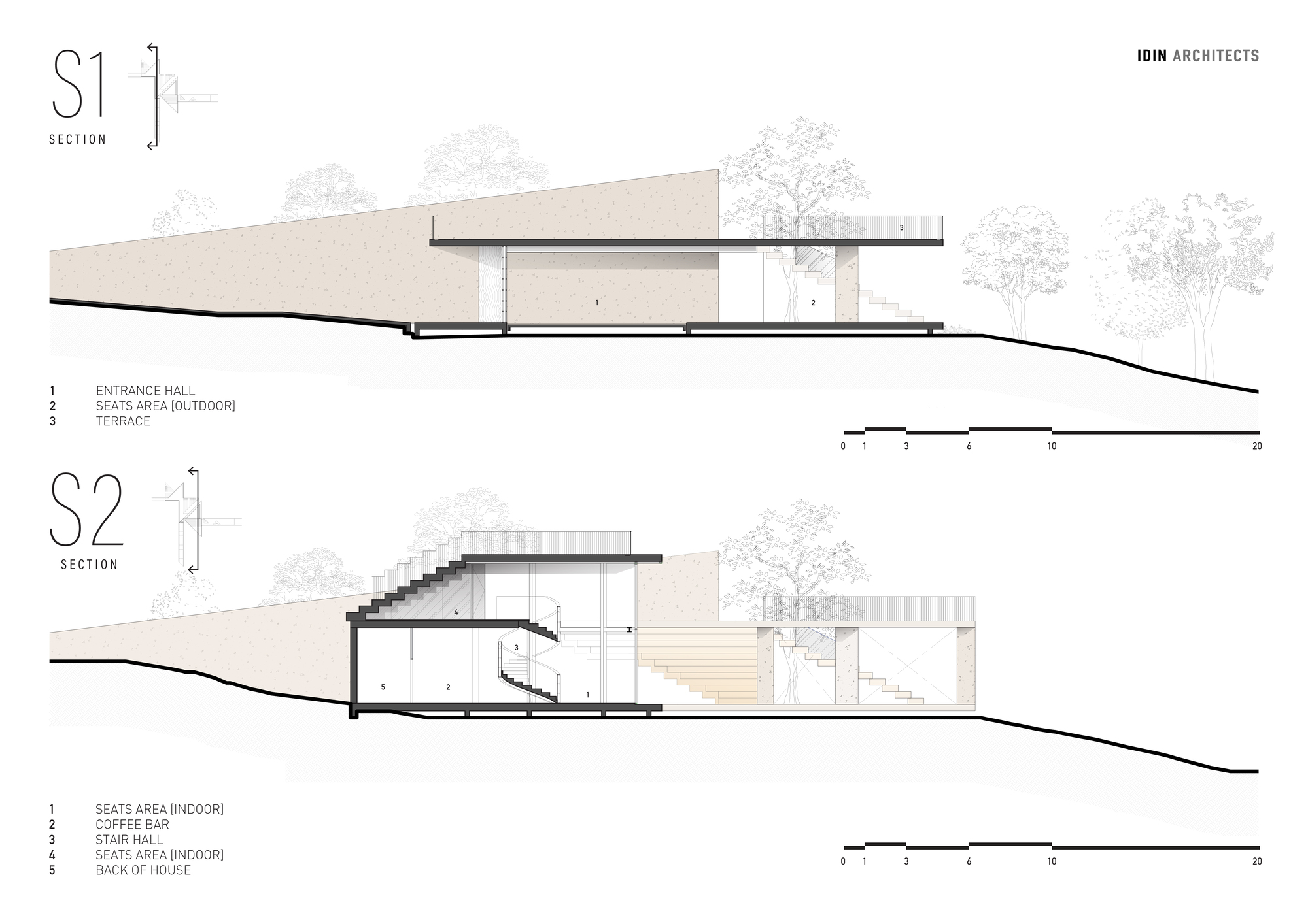 Section drawings revealing interior staircases and spatial relationships within the sloping site
