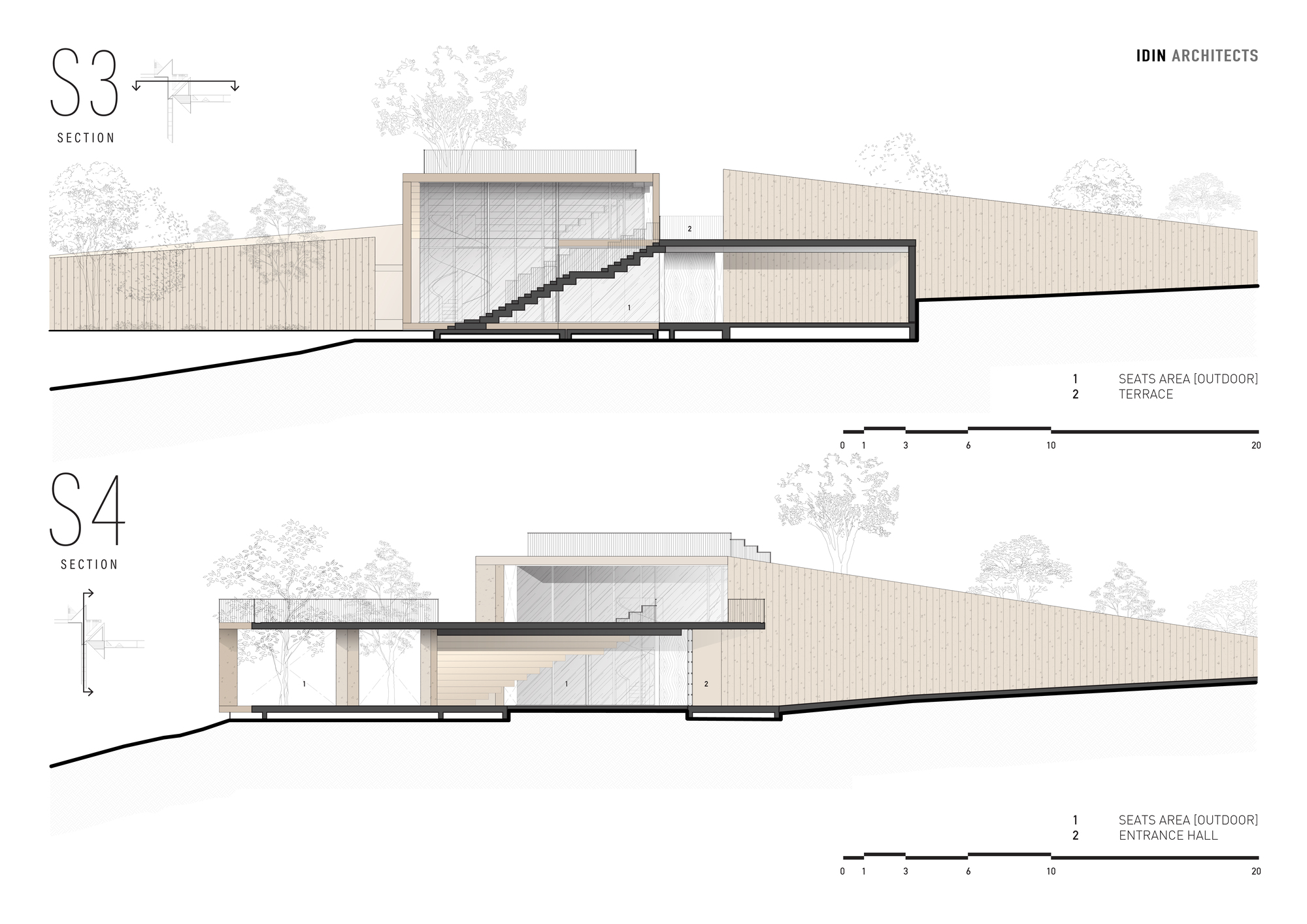 Section drawings showing the building cutting into the hillside with terraces and interior volumes