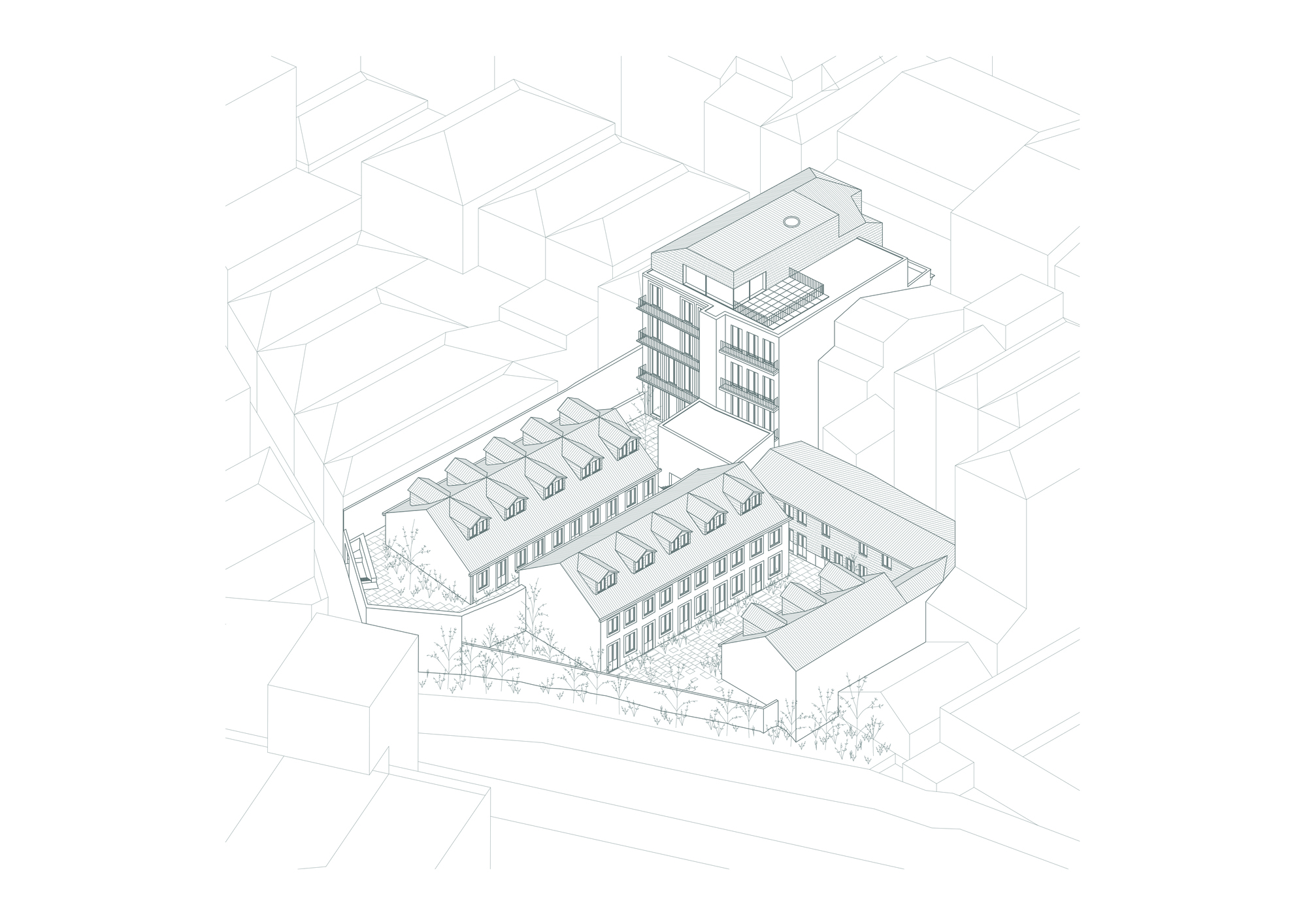 Axonometric drawing showing a multi-story building with sawtooth roofline within its urban block context