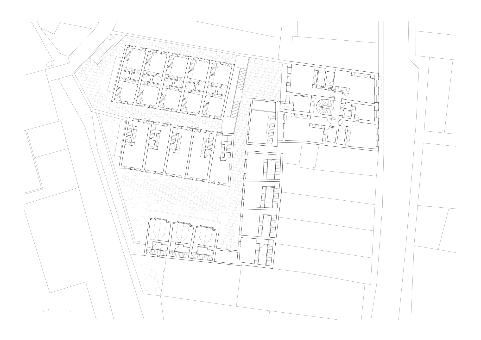 Floor plan drawing showing repeated unit layouts in two parallel blocks with central circulation spine