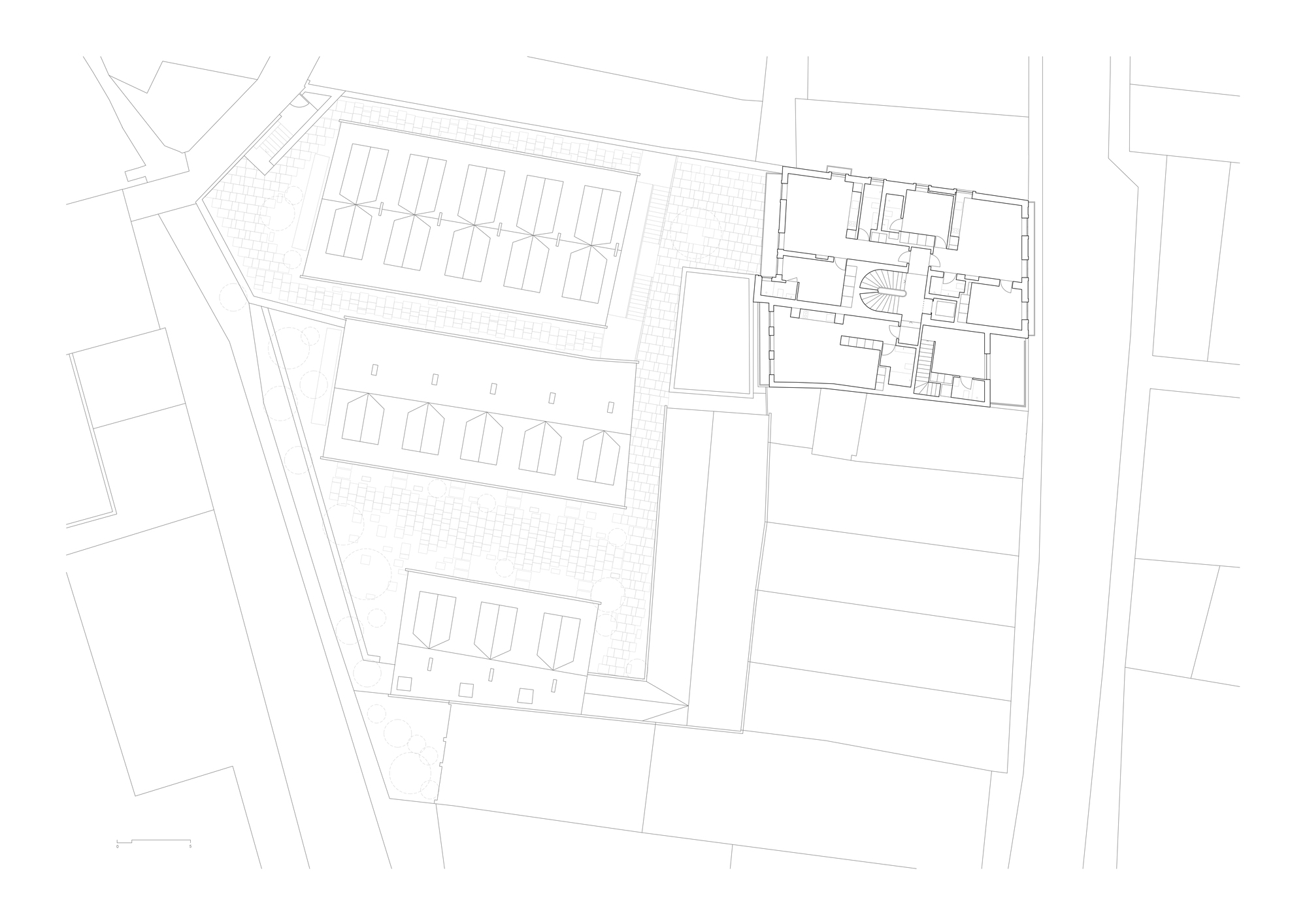 Floor plan drawing depicting rows of gabled housing units on angled site with neighboring structure