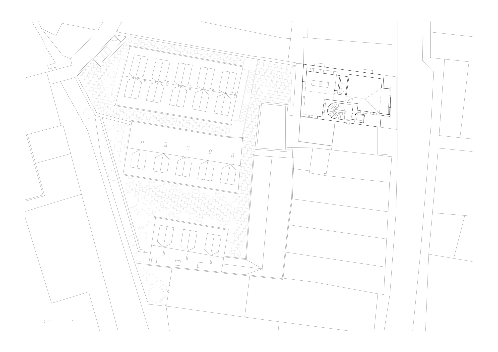 Roof plan drawing showing the sawtooth gable rooflines of the housing blocks and adjacent building