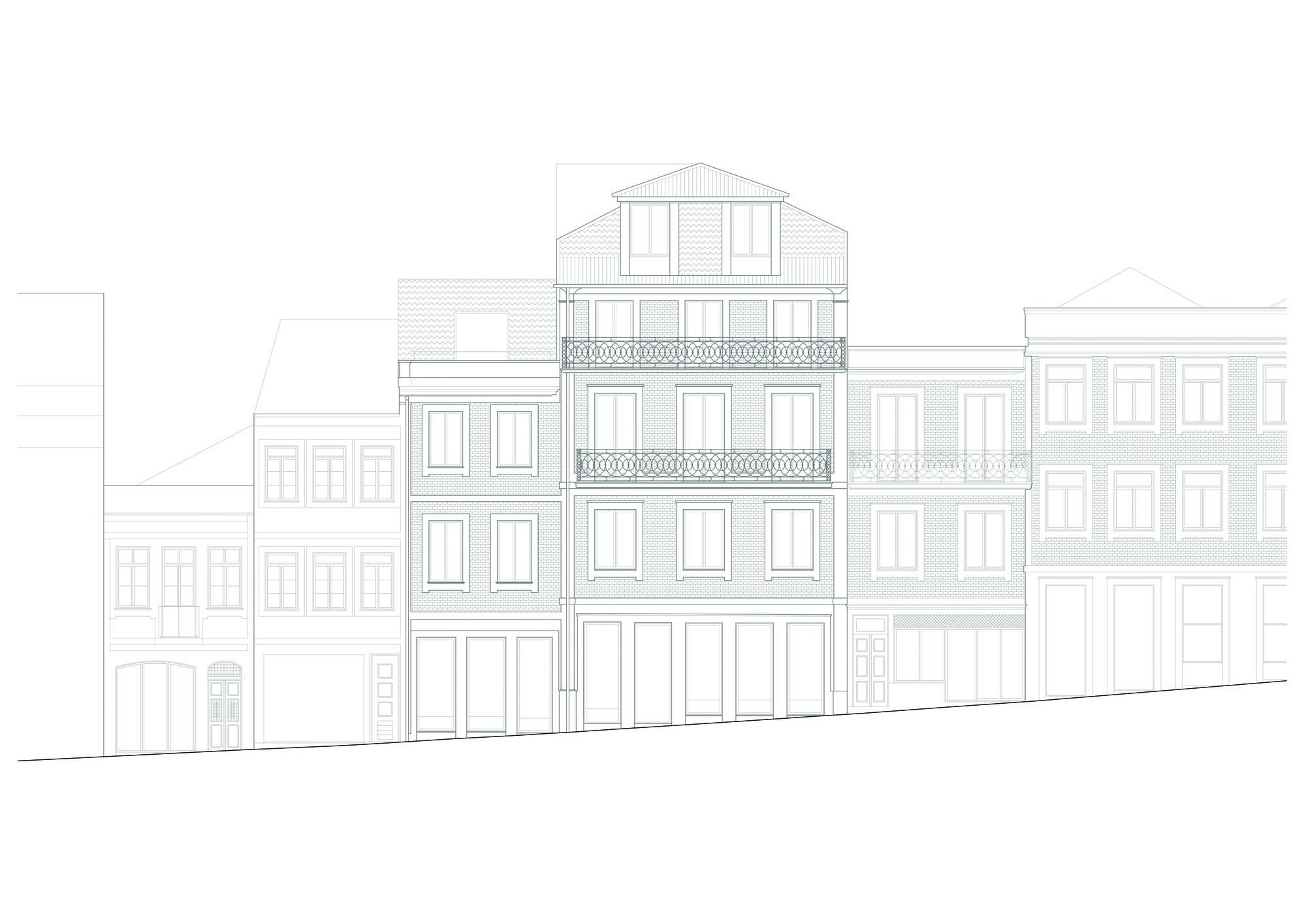 Street elevation drawing of a four-storey townhouse with balconies flanked by neighboring buildings