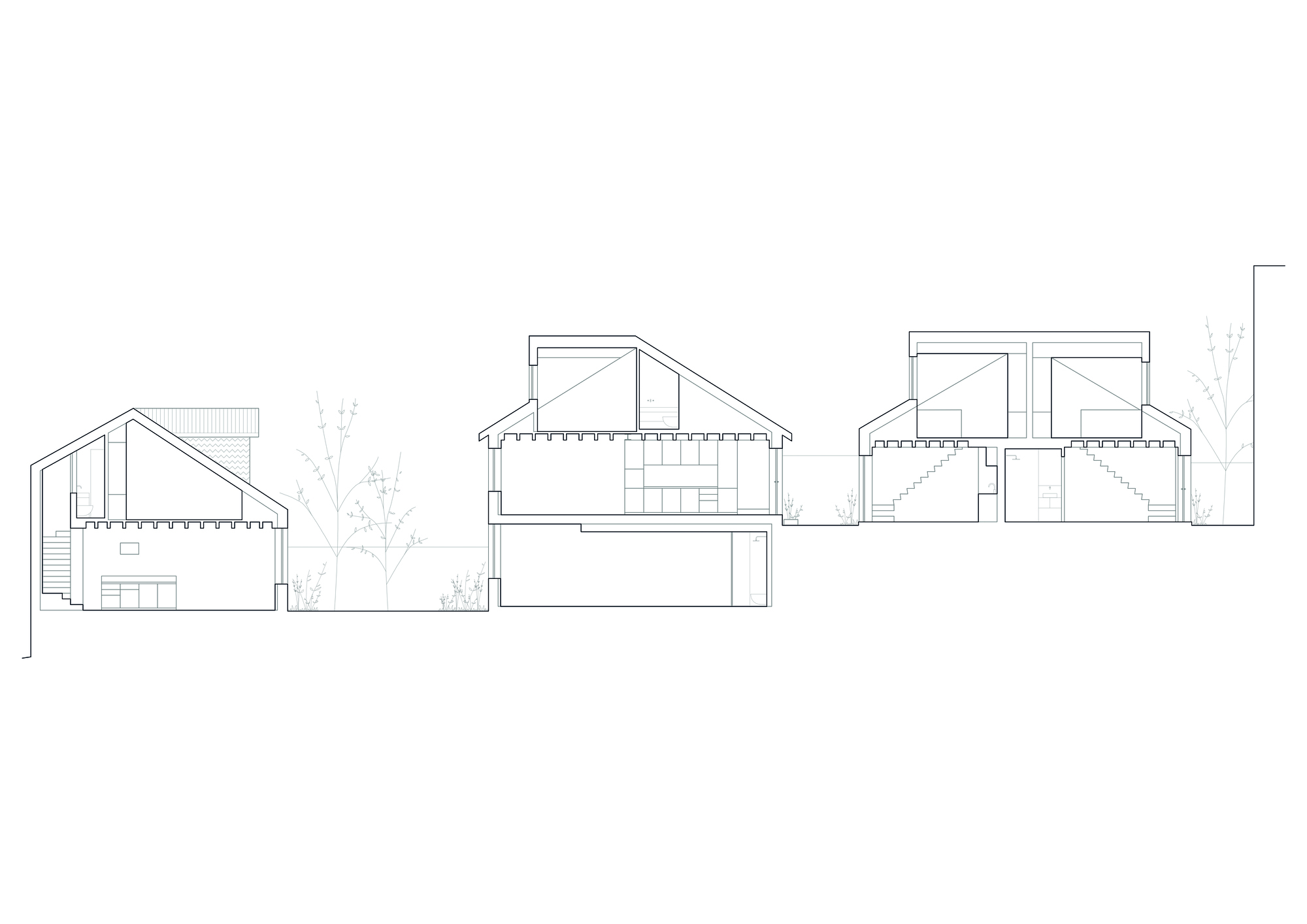 Section drawing showing three gabled townhouses with interior levels and courtyard trees