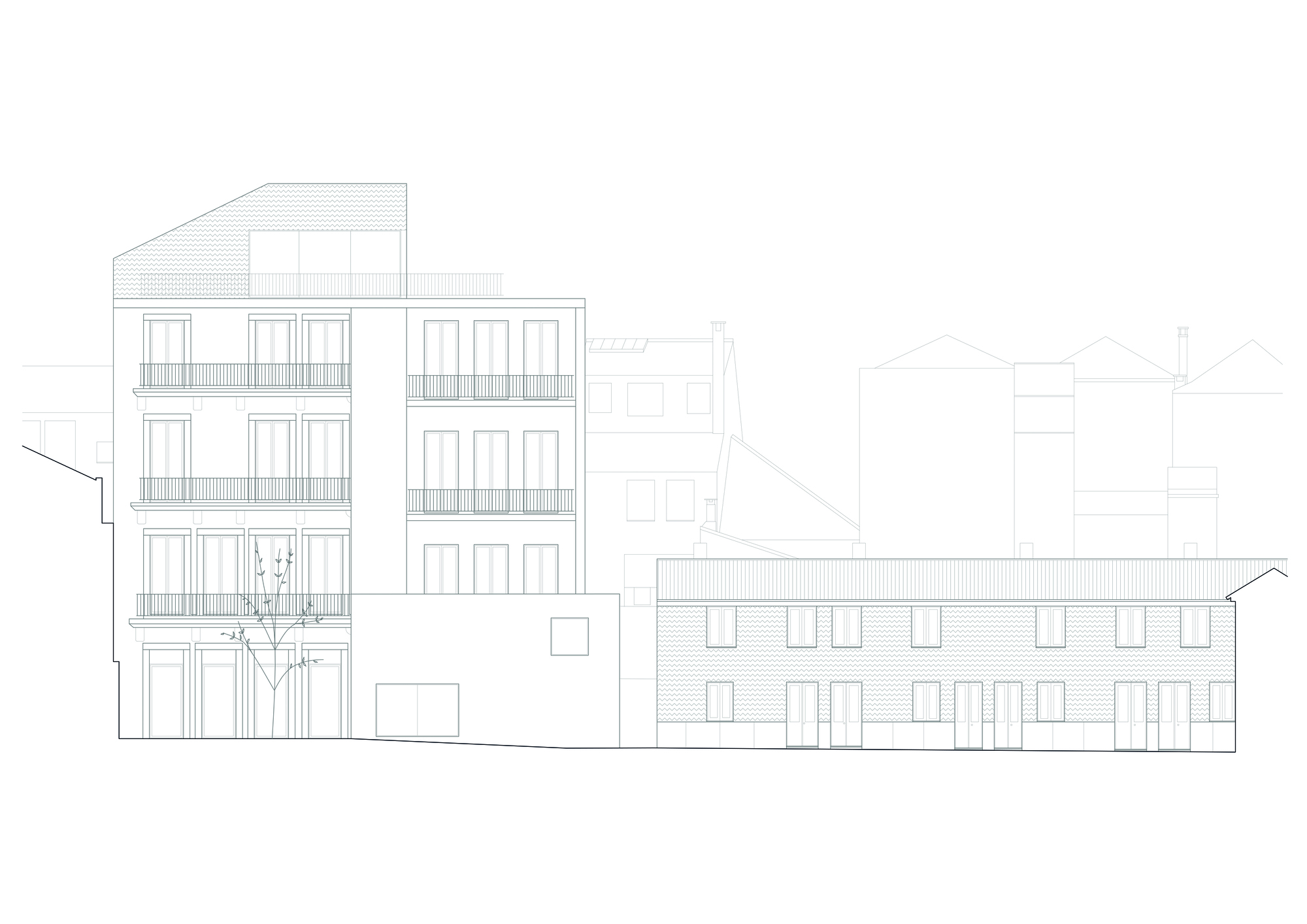 Rear elevation drawing of a multi-storey building with balconies next to a lower brick structure