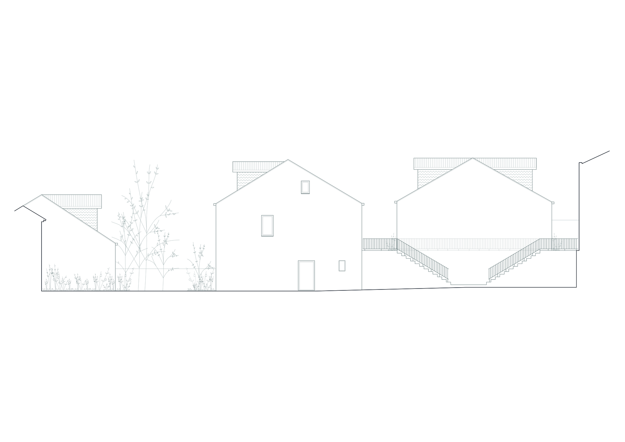 Side elevation drawing showing gabled houses with exterior stairs and garden vegetation