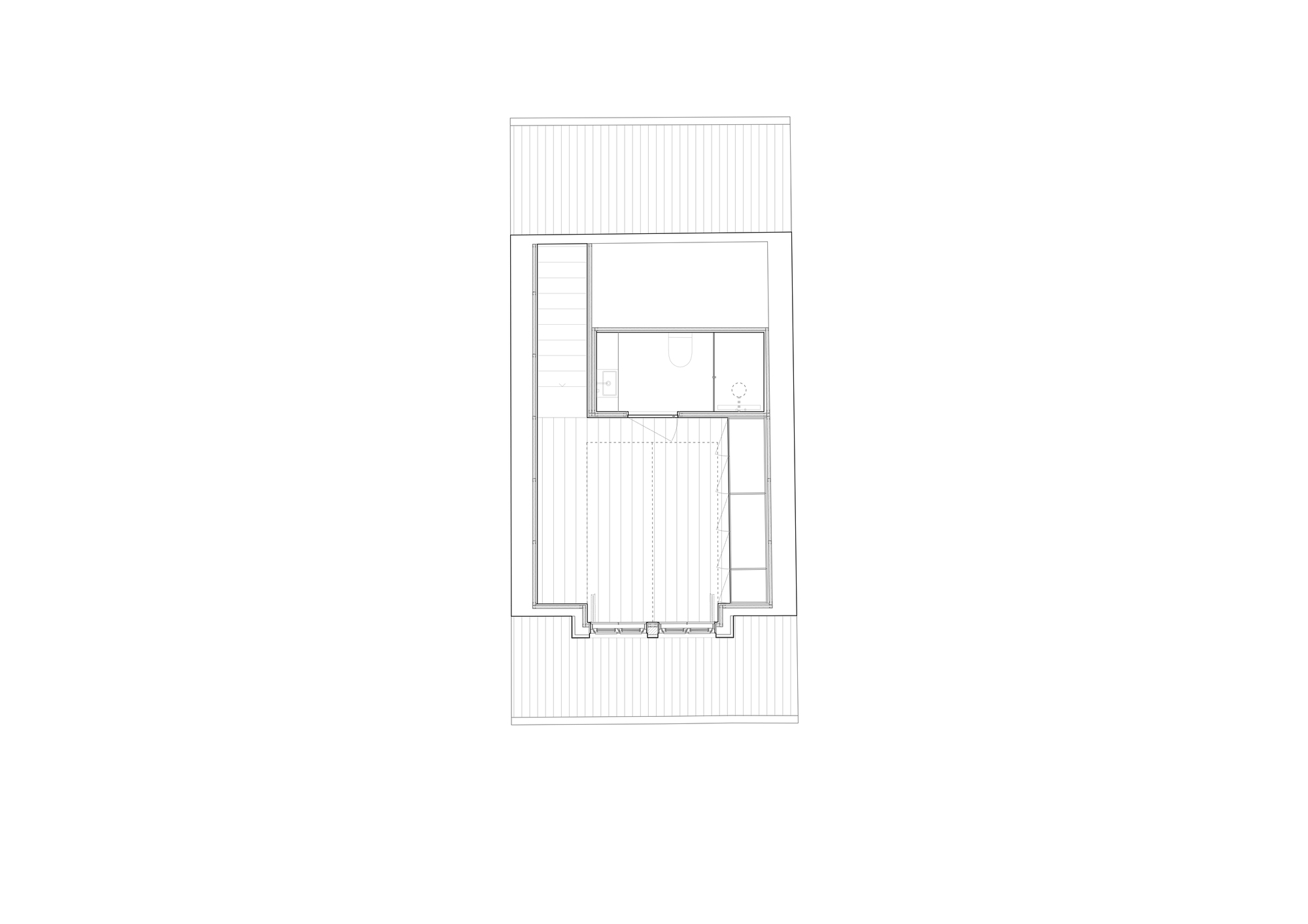 Floor plan drawing showing a rectangular volume with central courtyard and surrounding deck