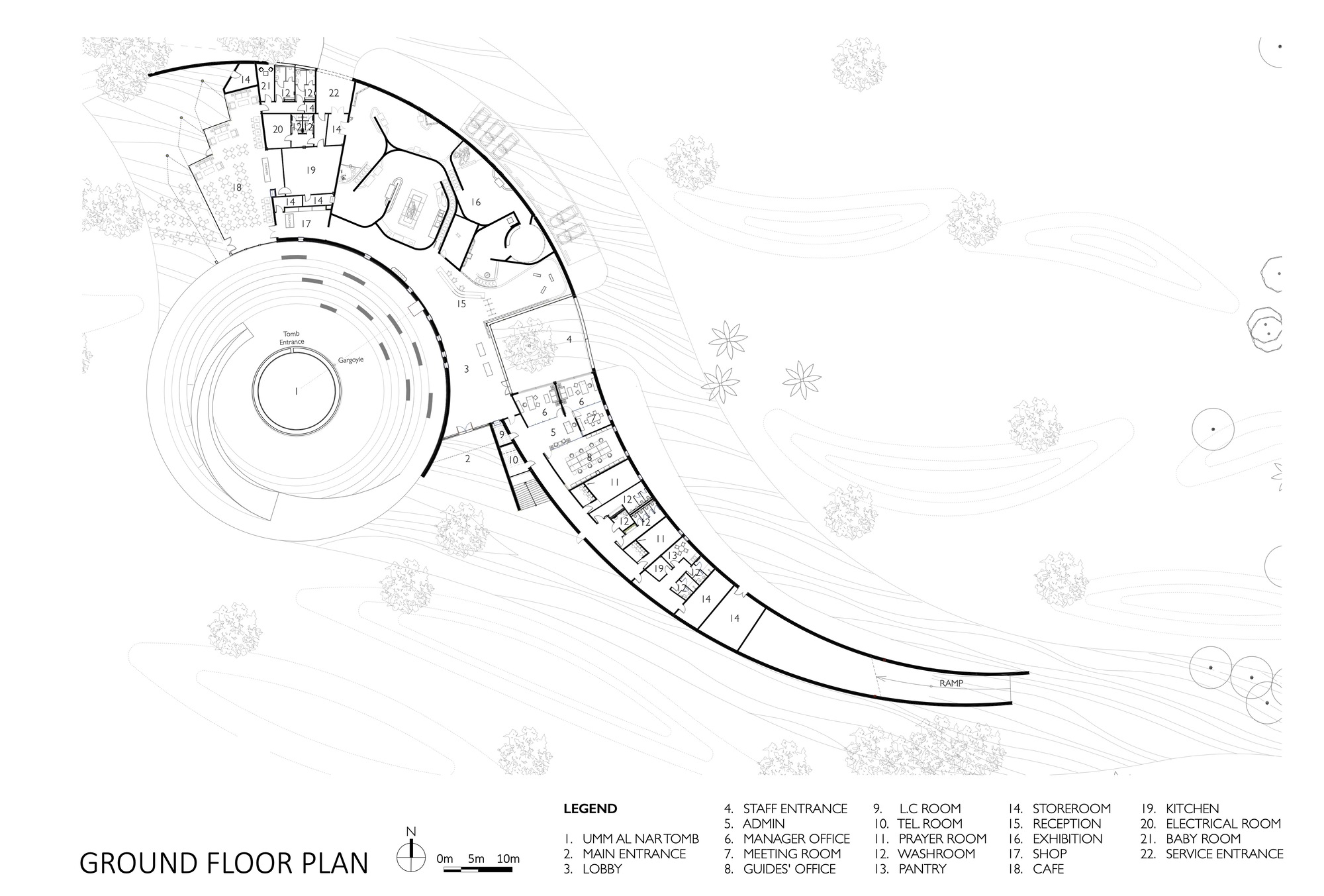 Ground floor plan drawing showing crescent-shaped layout with circular amphitheater and interior rooms