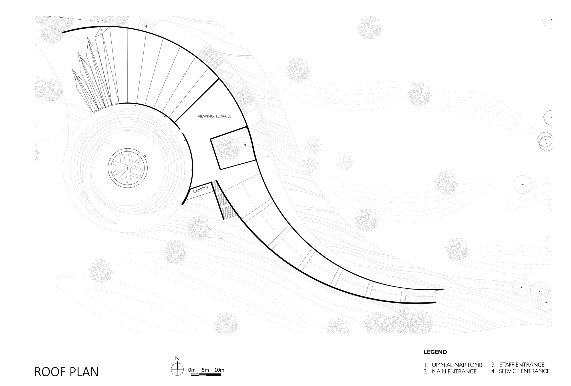 Roof plan drawing showing curved structure with viewing terrace and central skylight
