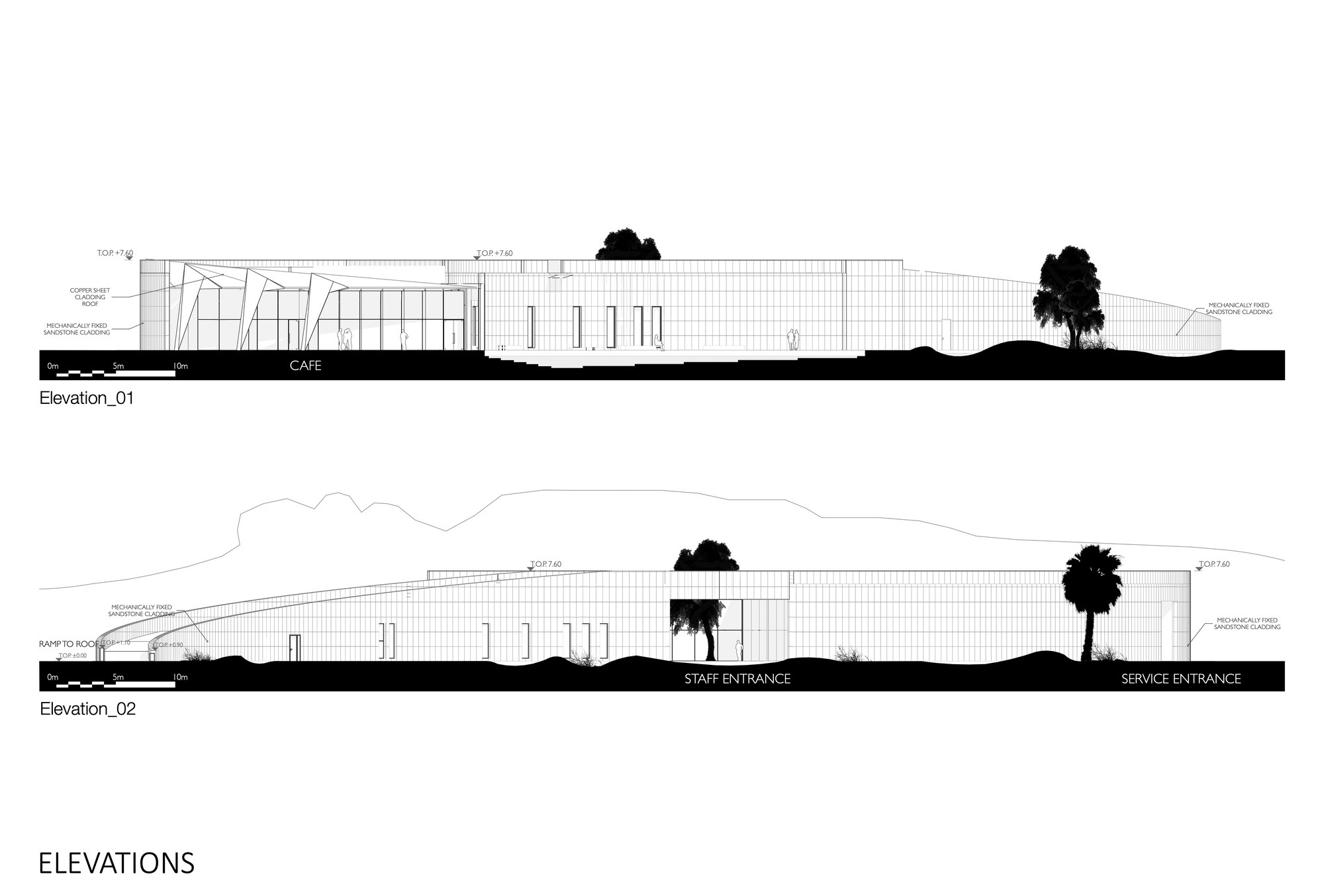 Elevation drawings showing the low horizontal building with gridded facade and silhouetted trees