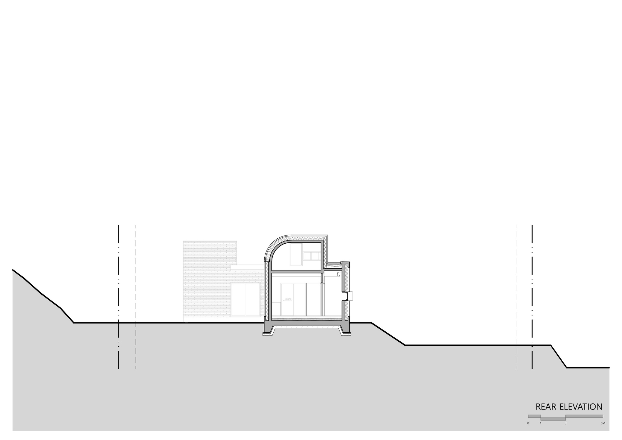 Section drawing through the hillside showing the relationship between interior levels and sloping terrain