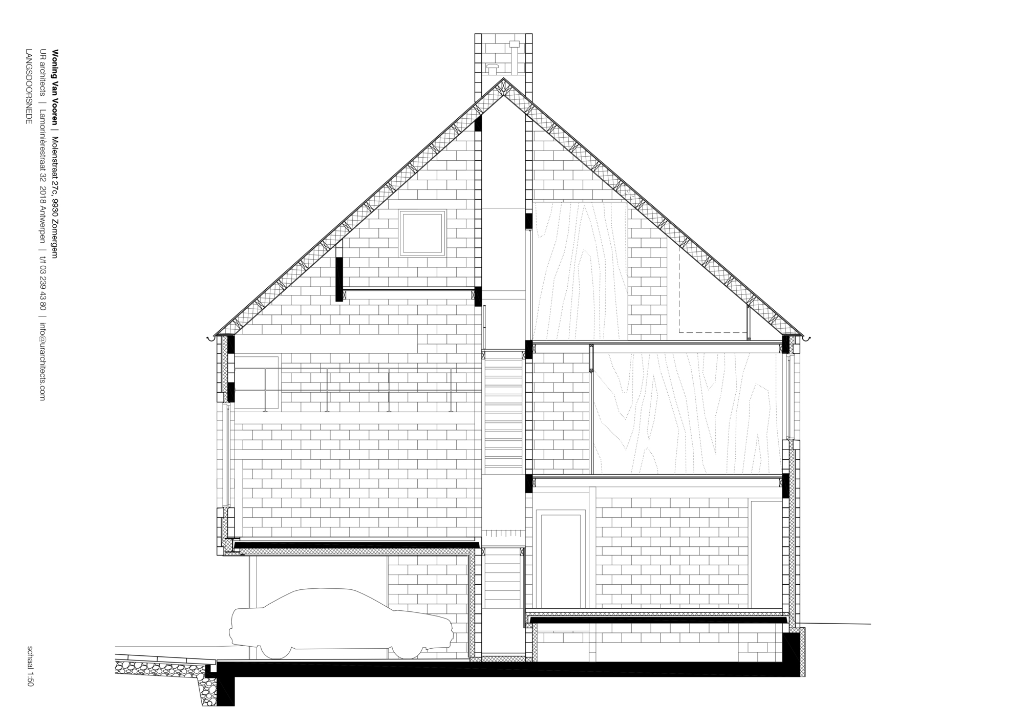 Section drawing showing the multi-story house with pitched roof, chimney, and parked car below
