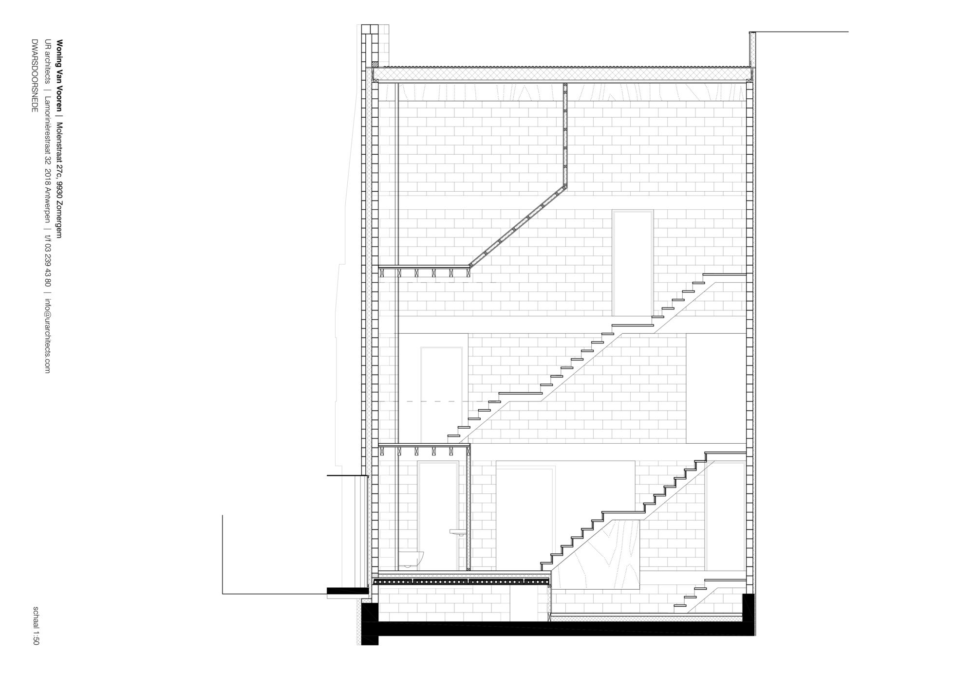 Section drawing showing the vertical circulation of staircases connecting three levels with masonry walls
