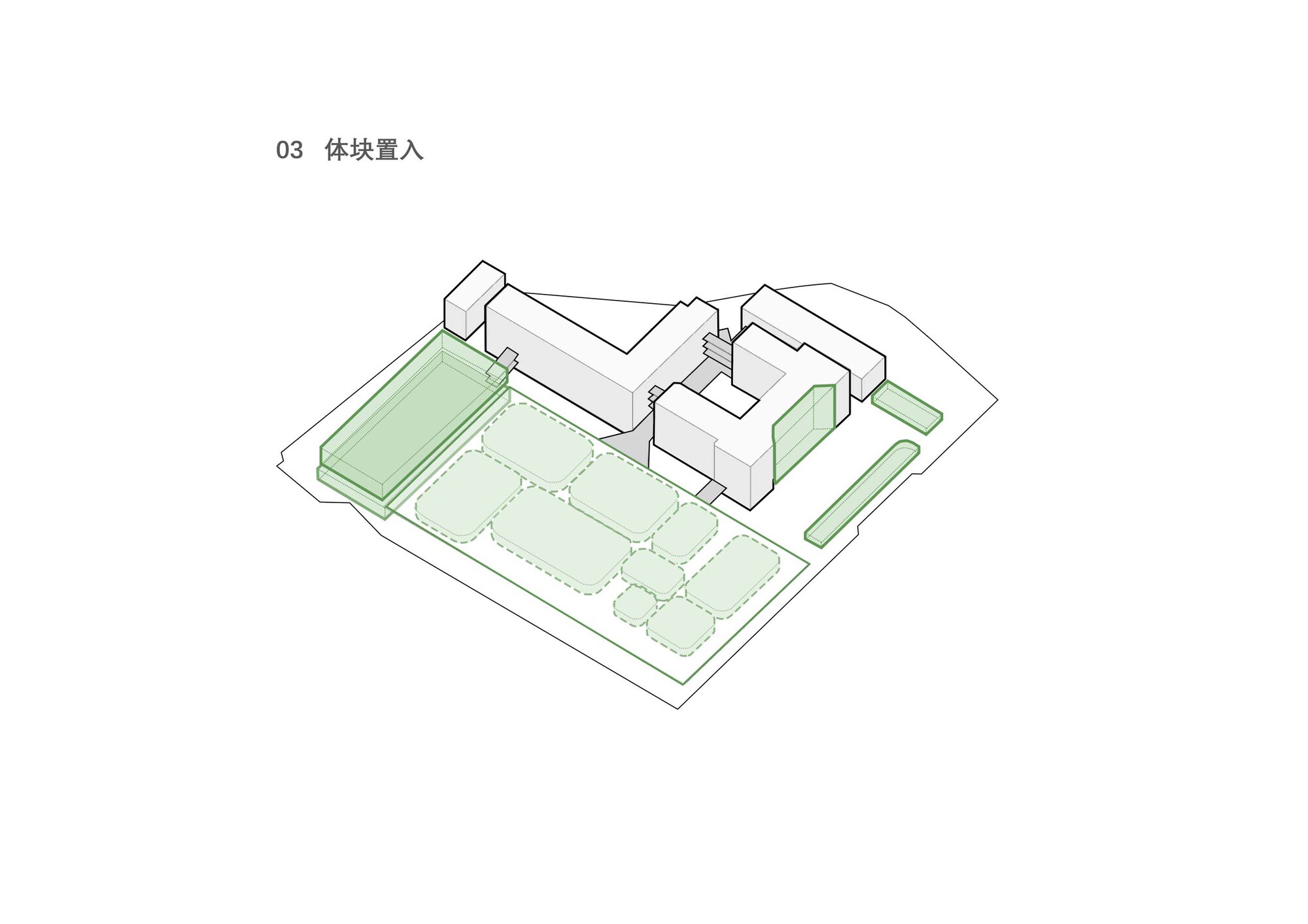 Isometric drawing showing proposed building volumes with green outdoor courts and landscaped areas inserted between structures