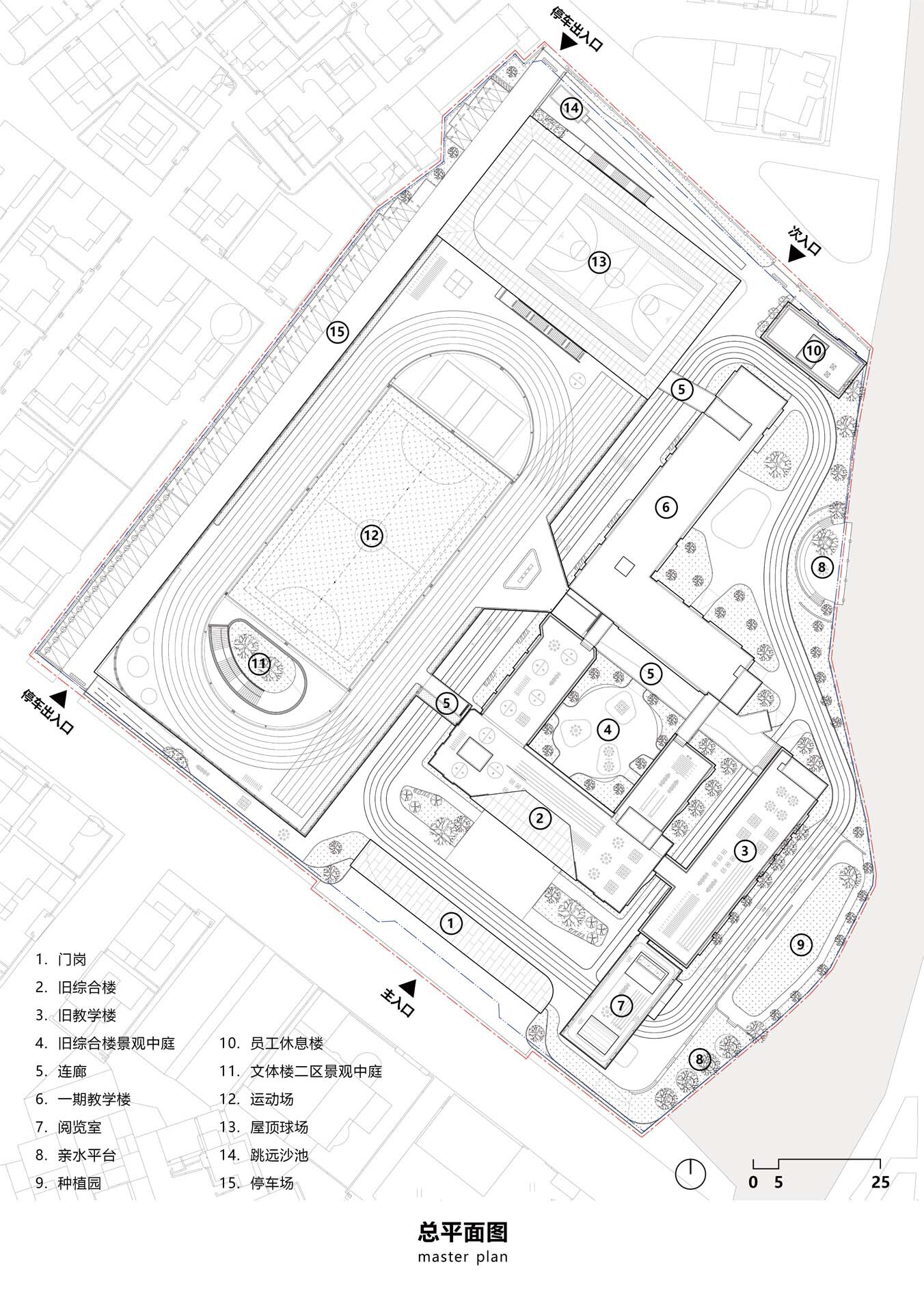 Master plan drawing depicting a running track, building footprints, and numbered landscape zones with urban context