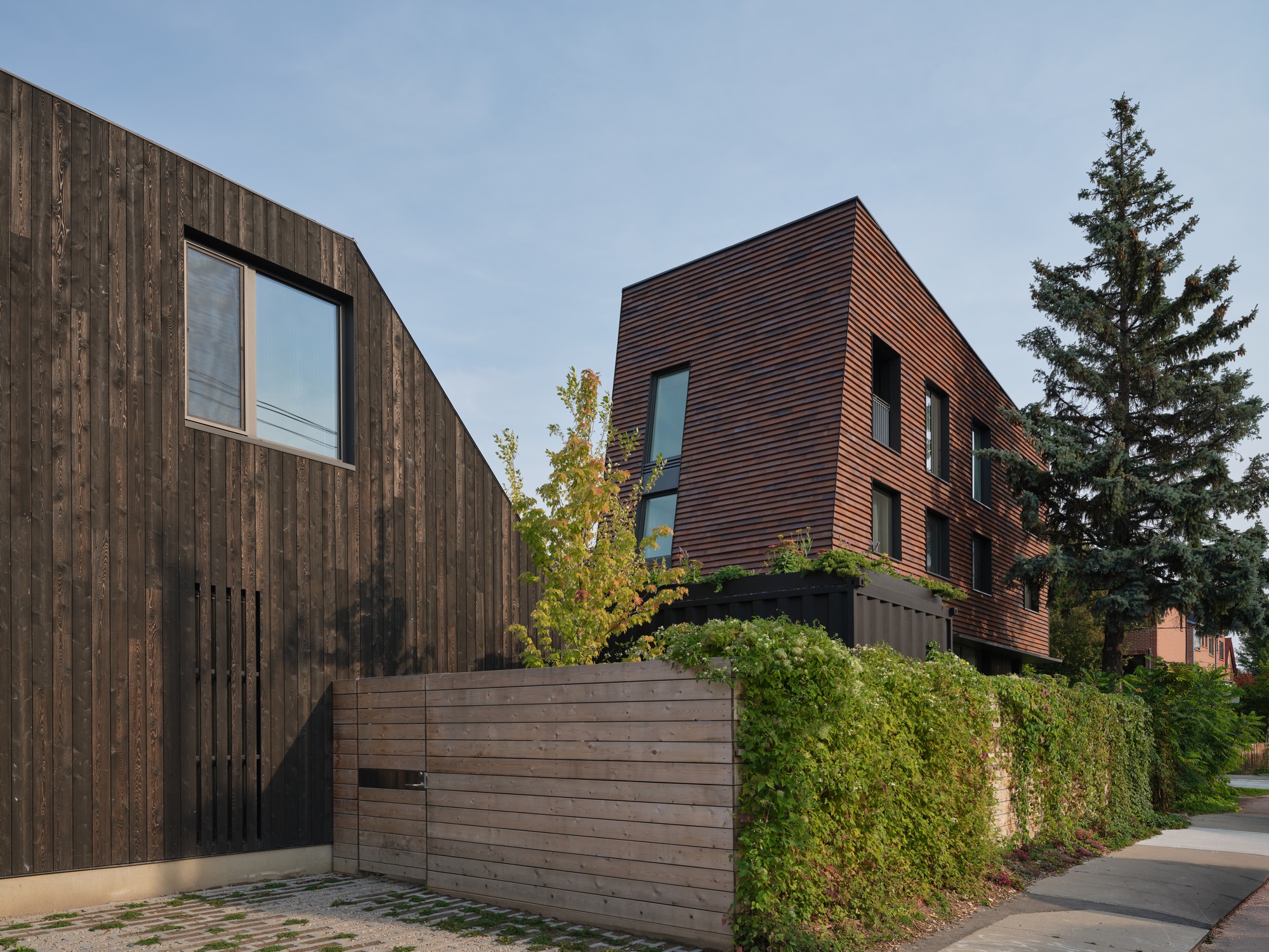 Side view with weathered timber fence and outbuilding beside the ribbed copper facade