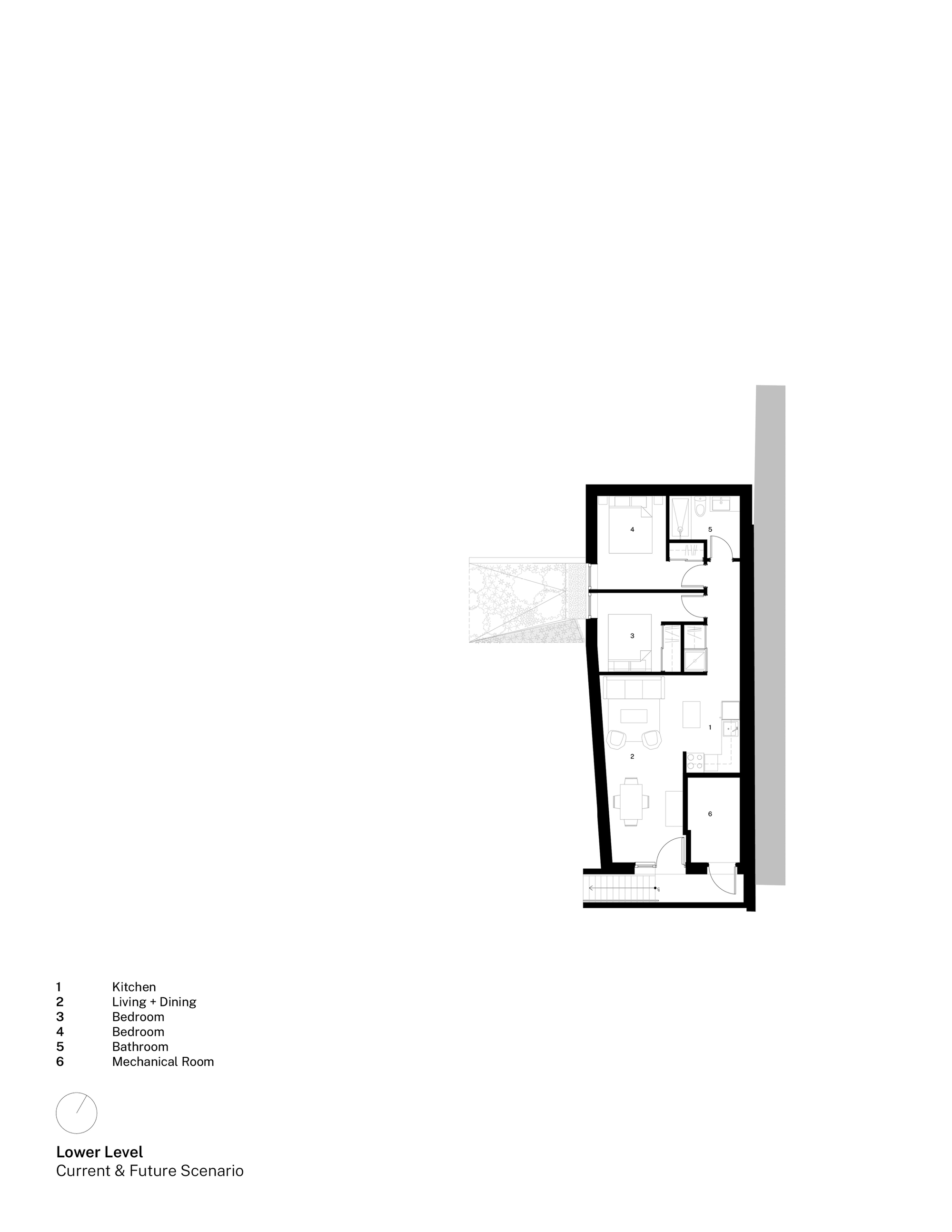 Floor plan drawing showing lower level layout with bedroom, living areas and mechanical room