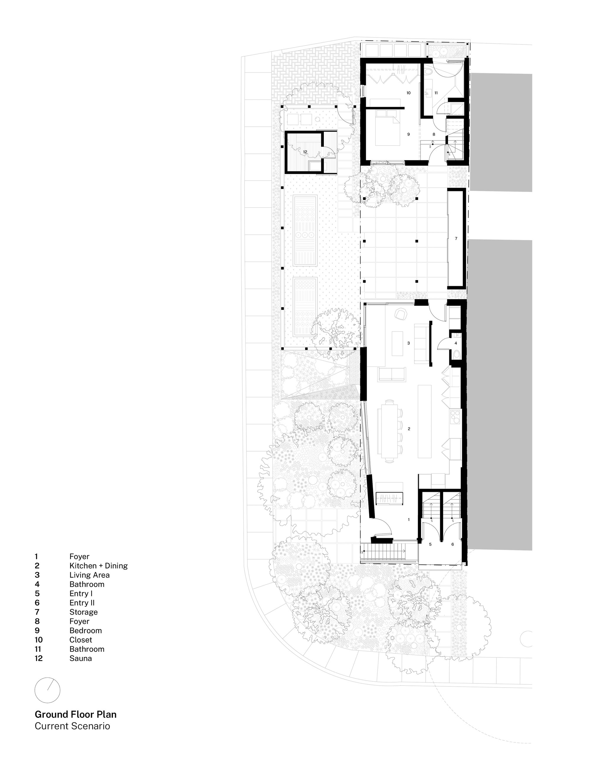 Ground floor plan drawing indicating rooms and landscaped garden with multiple tree canopies