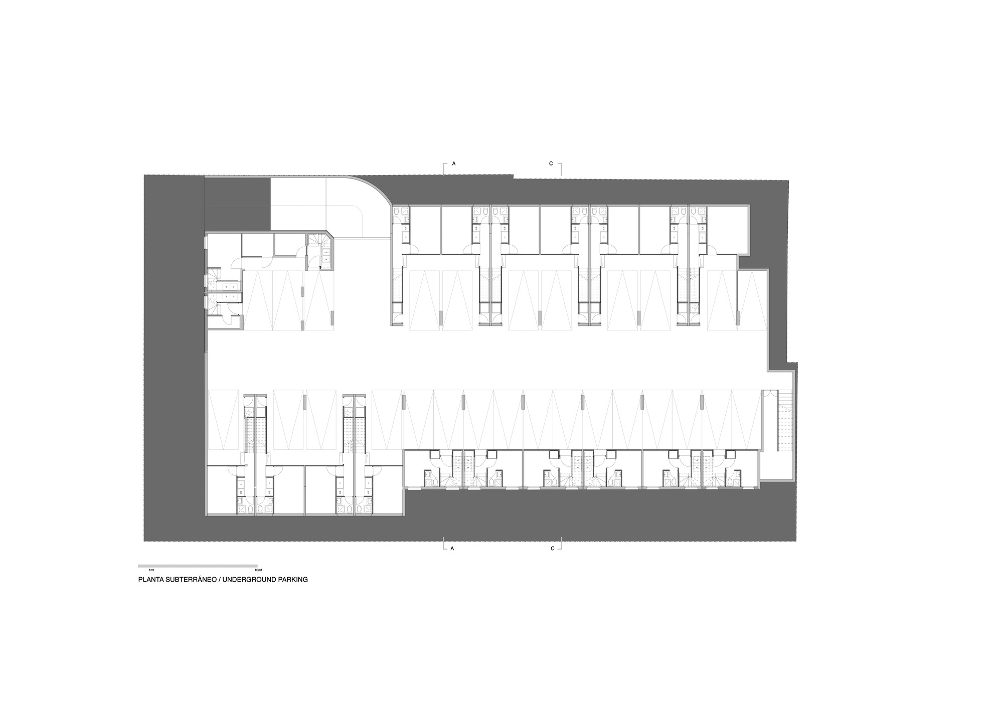 Basement floor plan drawing showing parking spaces and circulation along a rectangular footprint