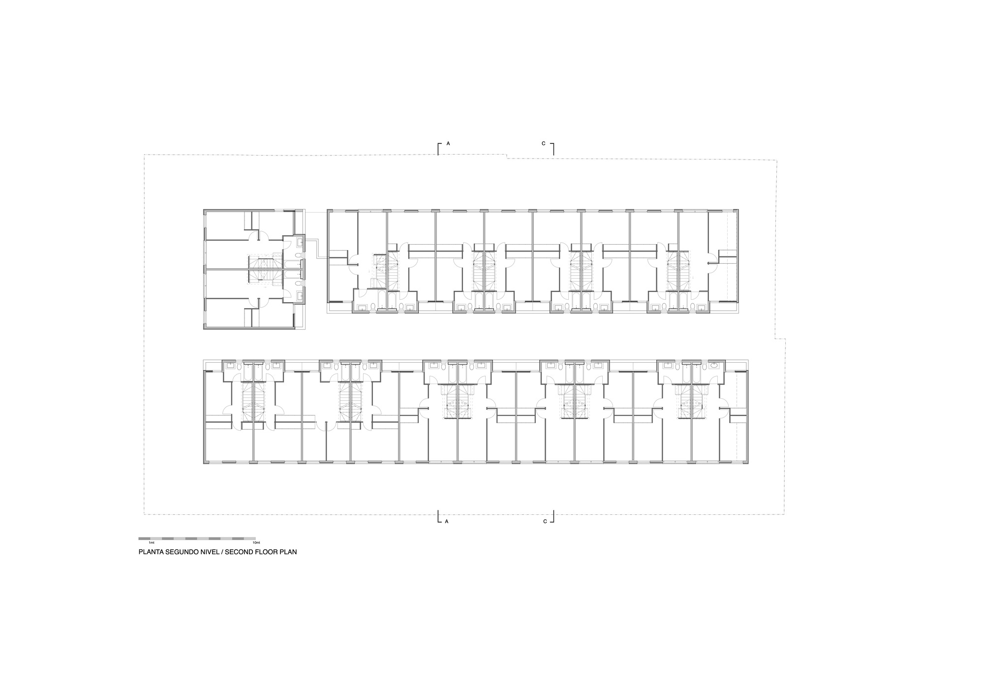 Second floor plan drawing showing repeated residential units flanking a central corridor and stair cores