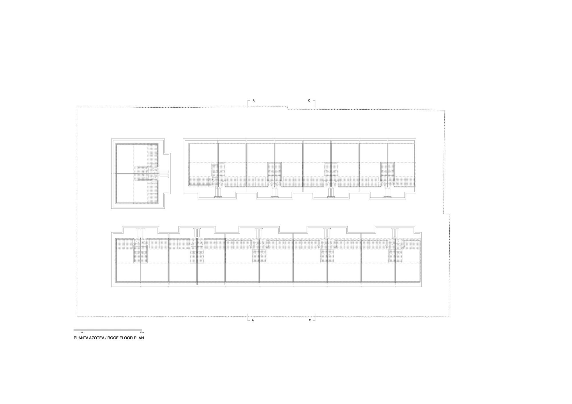Roof floor plan drawing showing two residential wings with repeating unit modules and central circulation cores