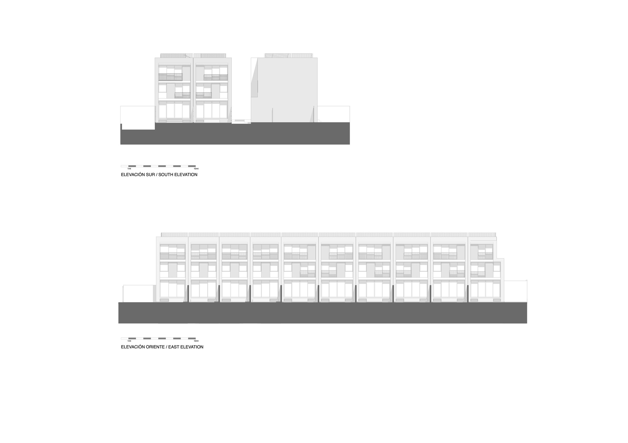 South and east elevation drawings depicting a linear residential building with terraced upper levels