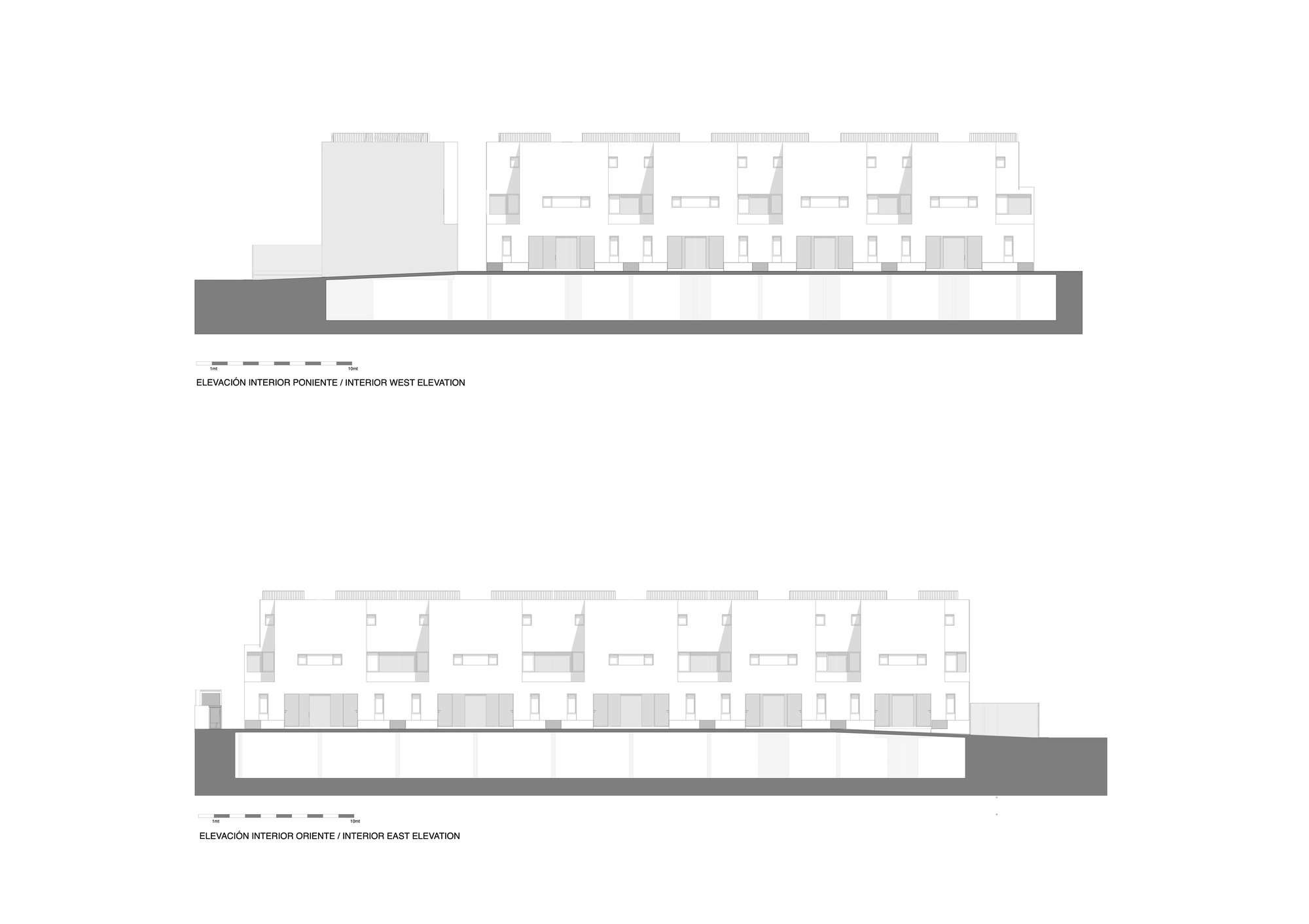Interior elevation drawings showing west and east courtyard facades with balconies and window openings