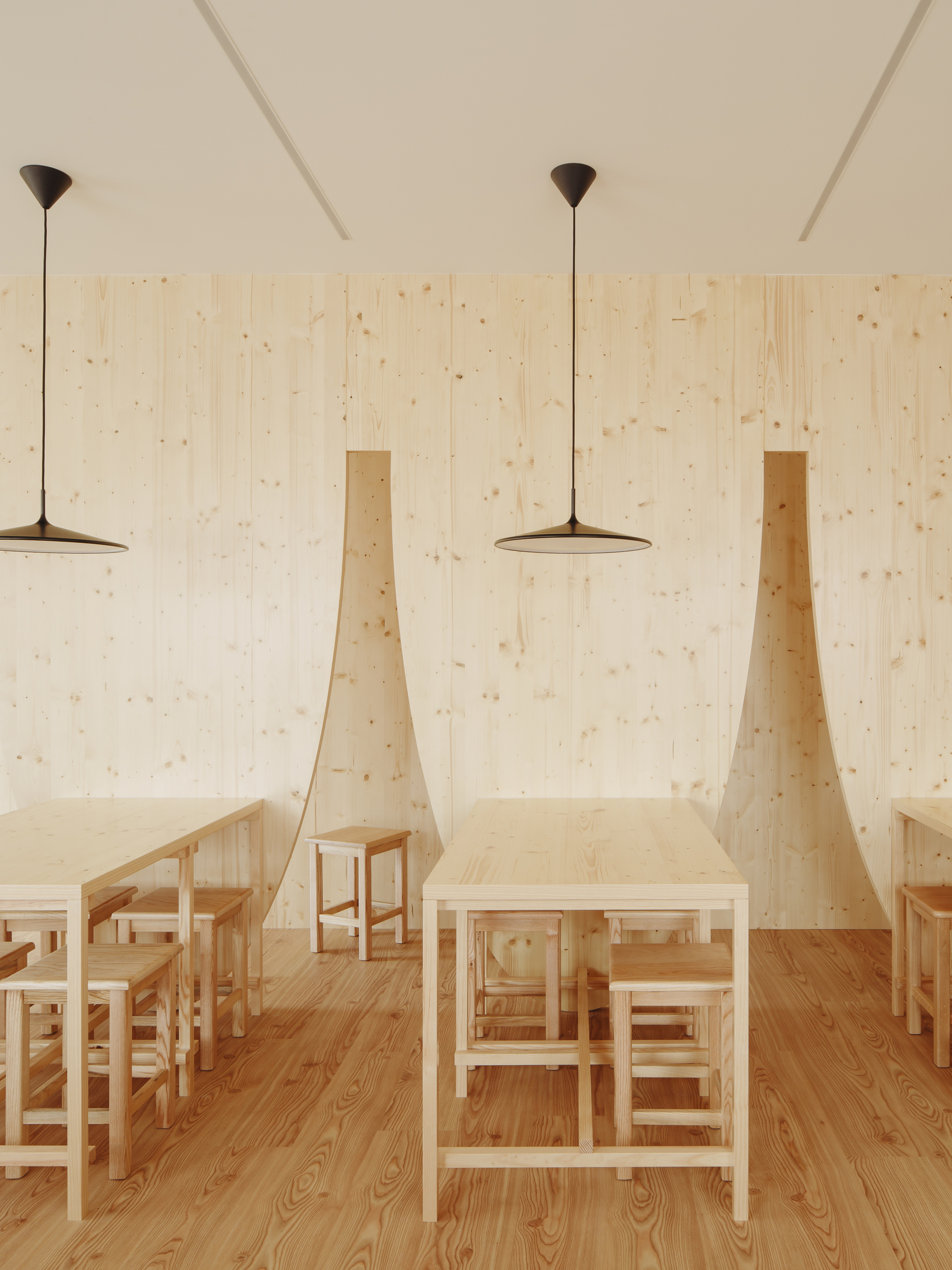 Dining table with benches framed by triangular timber dividers under pendant lights against plywood wall cladding