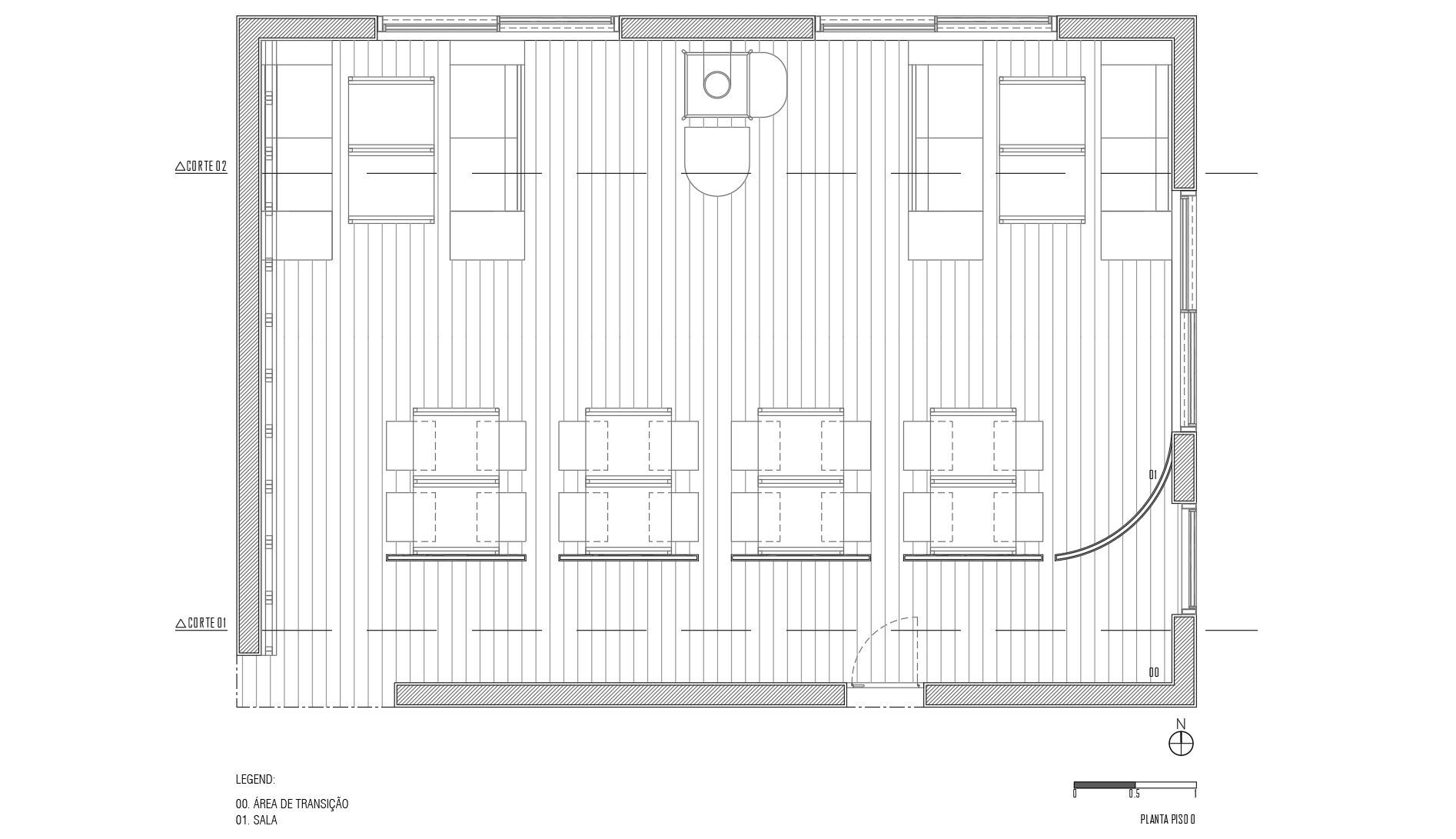 Floor plan drawing showing four seating alcoves arranged along a corridor with a central service core