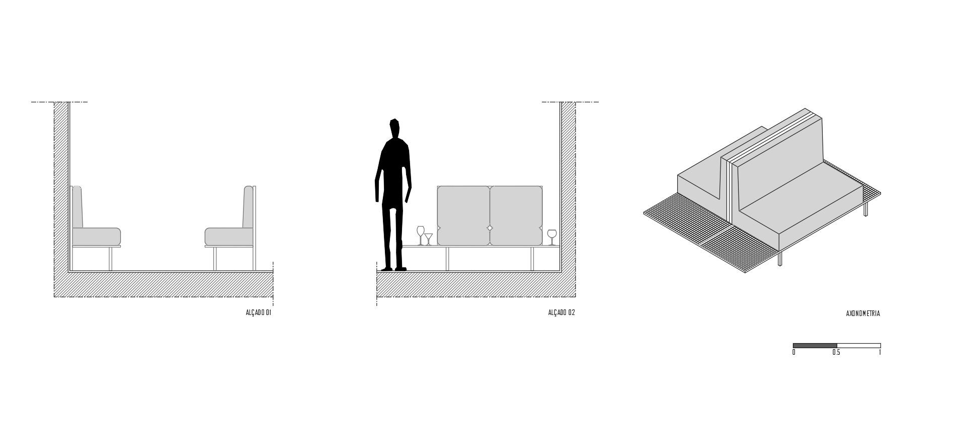 Isometric and section drawings illustrating seating alcove construction with bench and raised platform detail