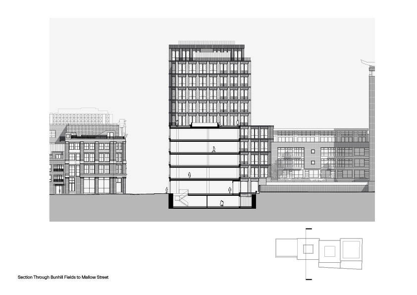 Section drawing showing a multi-storey tower rising above lower adjacent structures with basement levels