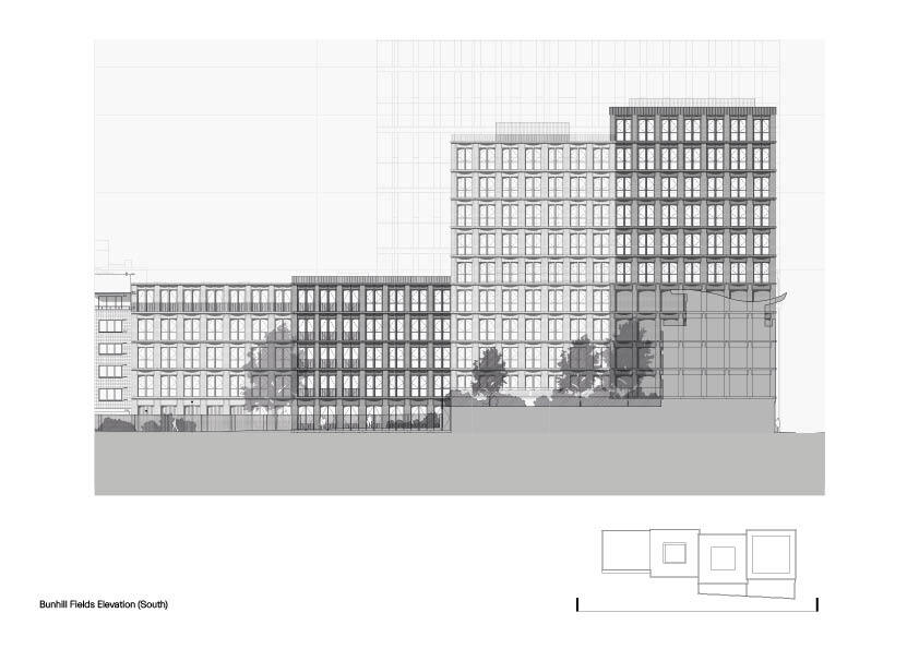 Elevation drawing depicting a series of connected buildings with gridded facades along a street frontage