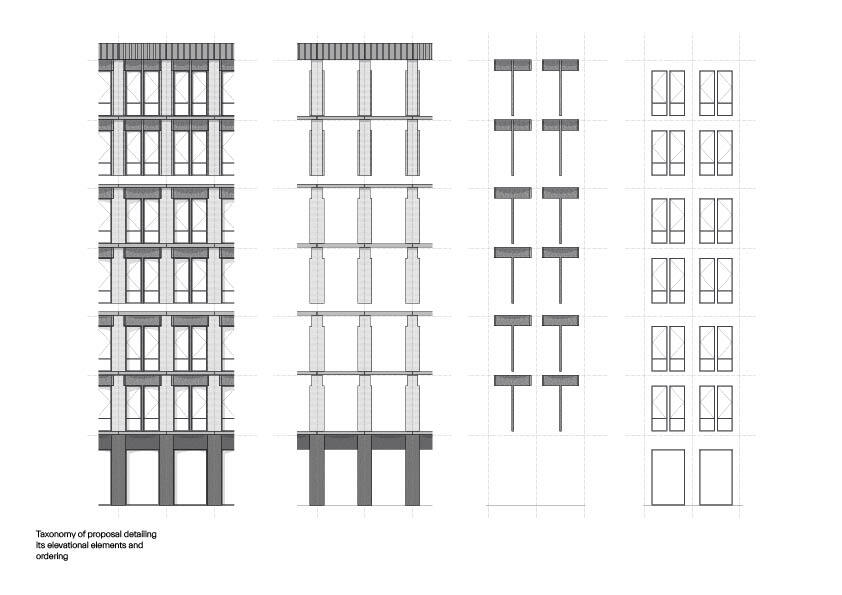 Elevational taxonomy drawing showing four facade cladding variations with columns and spandrel panels
