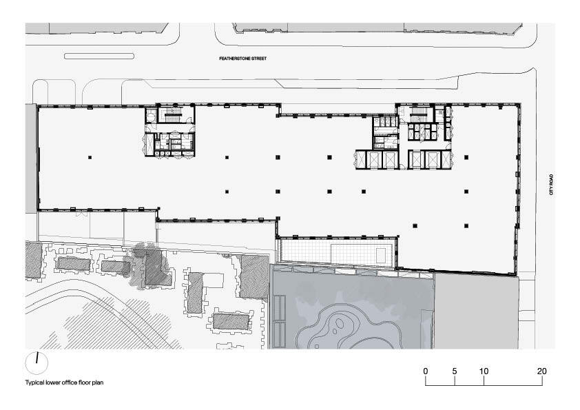 Typical lower office floor plan drawing with open workspace zones and perimeter columns