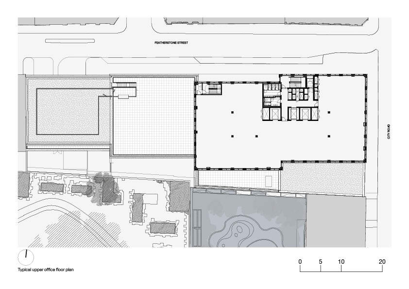 Typical upper office floor plan drawing showing rooftop terrace and reduced interior footprint