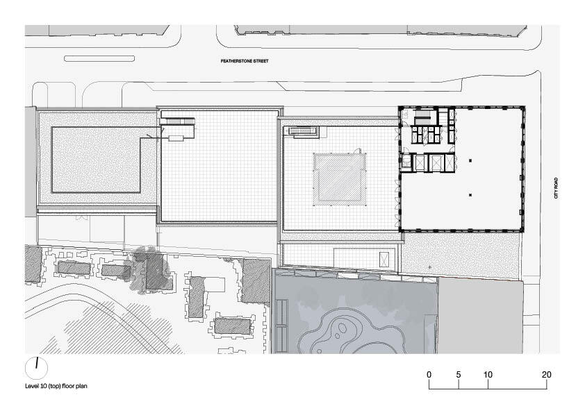Level 10 roof floor plan drawing featuring a central enclosed structure surrounded by open terrace