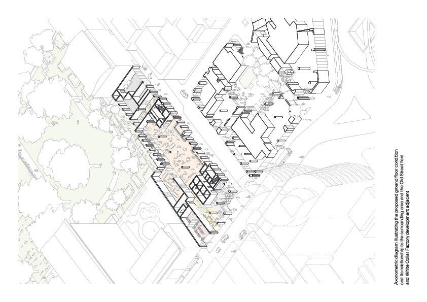 Axonometric drawing illustrating the stacked volumes with surrounding streets and trees in line work