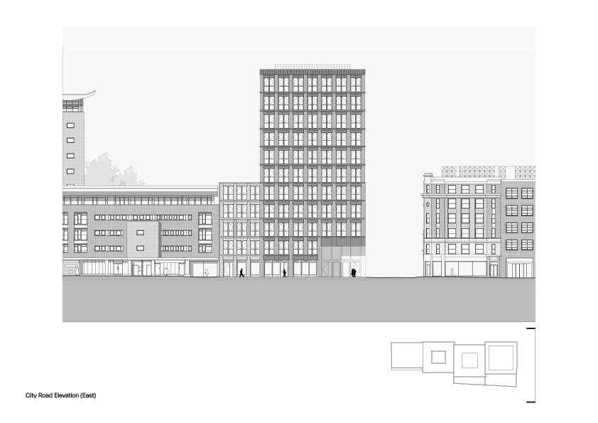 East elevation drawing showing a tall gridded tower flanked by lower volumes with human figures at street level