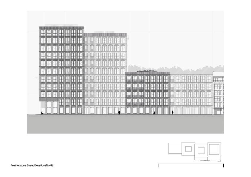 North elevation drawing depicting four stepped building volumes with repetitive window grids and rooftop vegetation