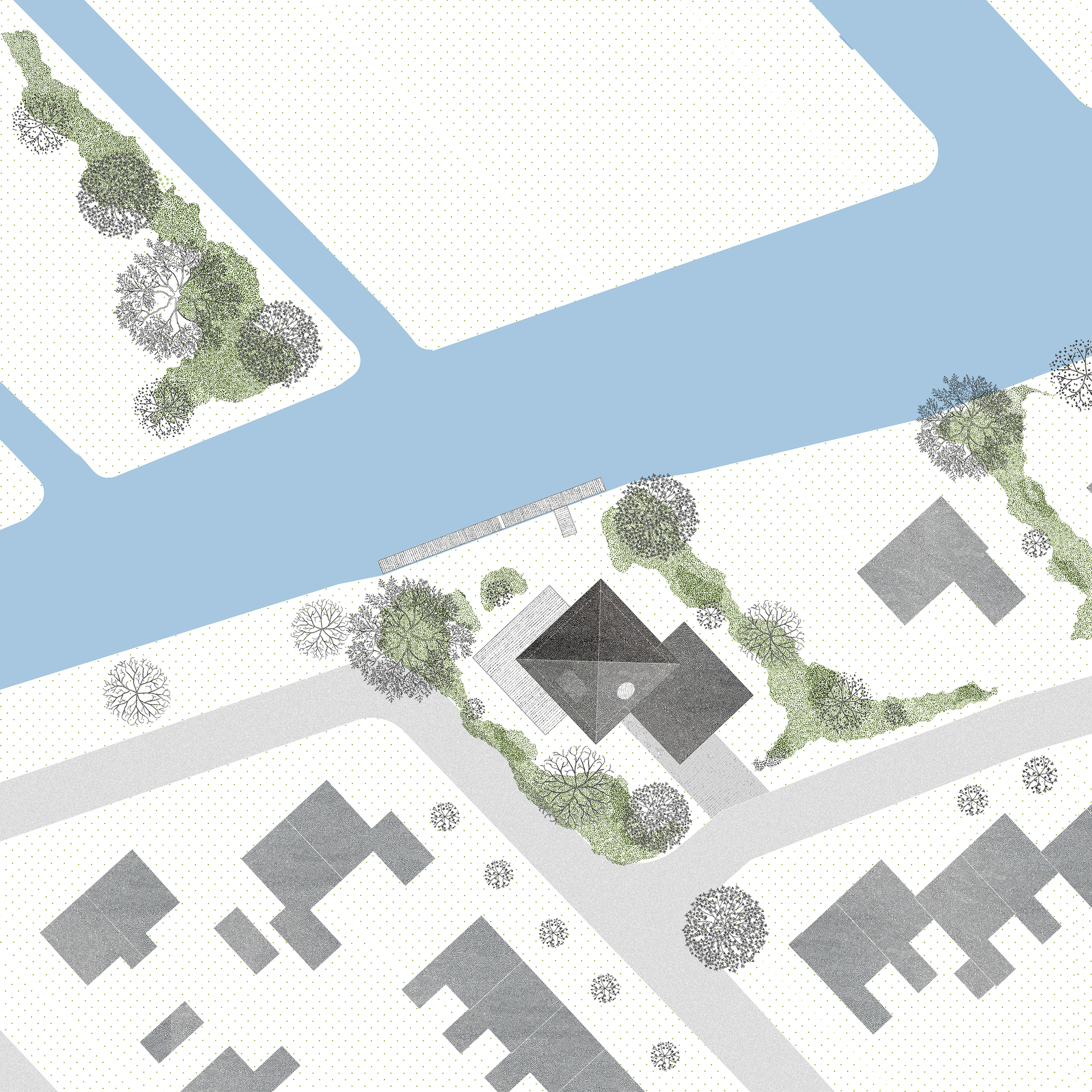 Site plan drawing showing the building footprint between a waterway and landscaped street