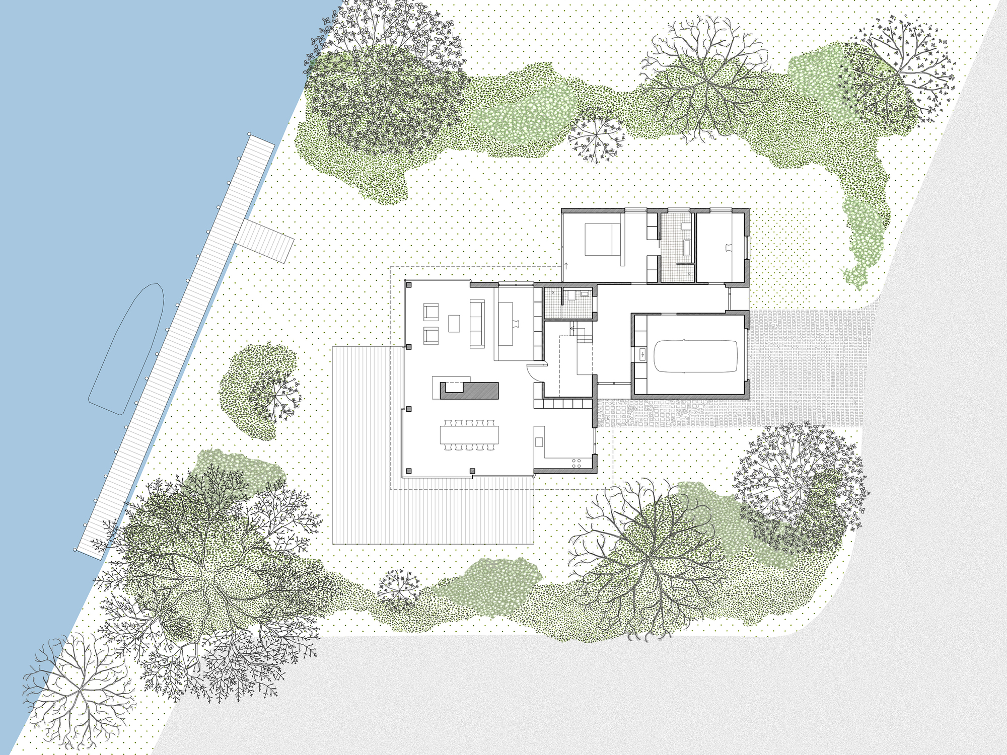 Site plan drawing showing the residence surrounded by landscaping and adjacent to a body of water
