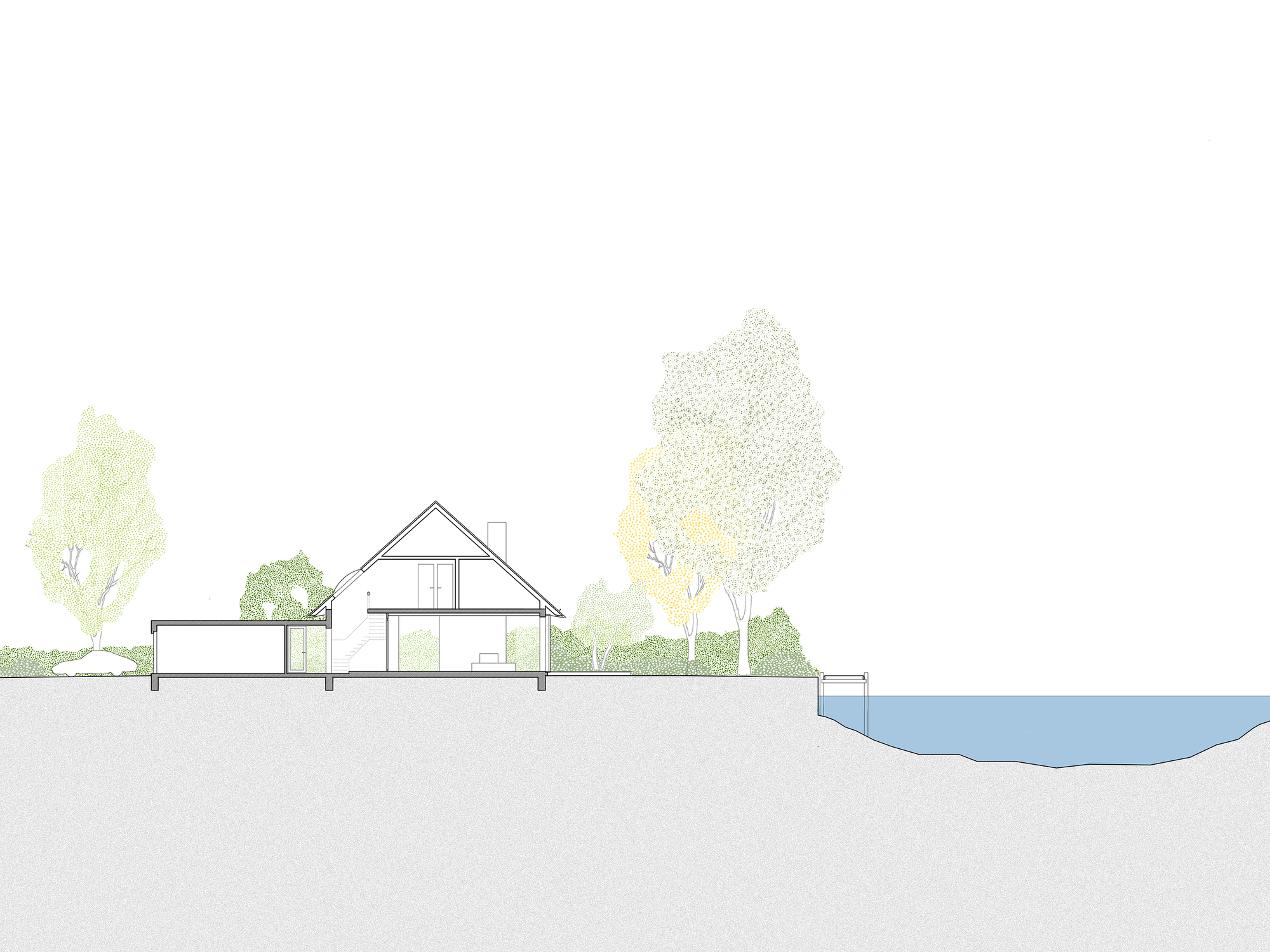 Section drawing depicting the gabled roof structure with trees and water in the landscape