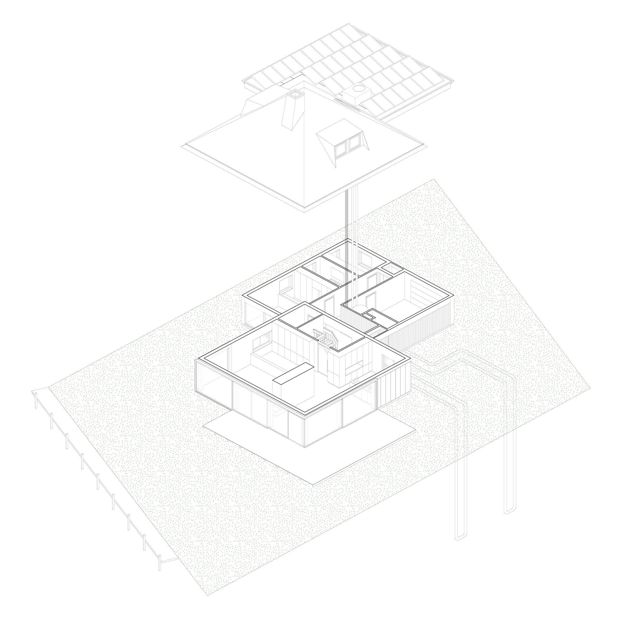 Exploded axonometric drawing revealing the floor plan, roof structure, and solar panel array