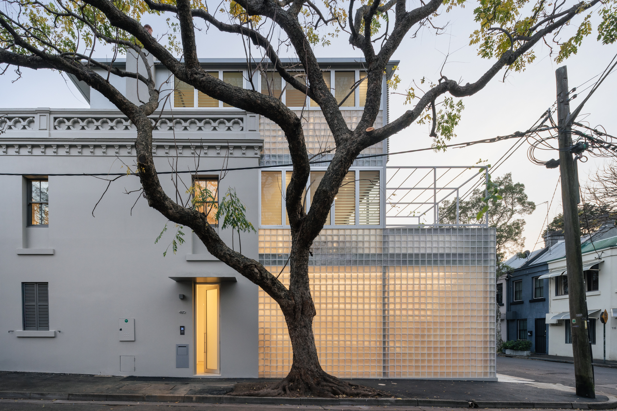 Street facade with translucent glass block wall framed by a bare street tree at dusk